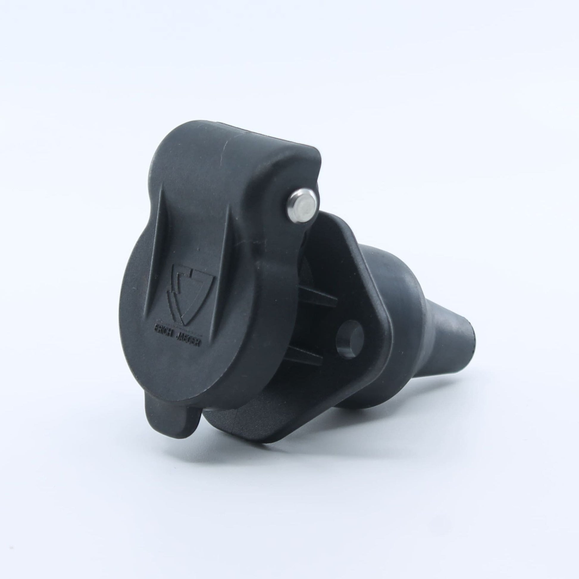 Conector eléctrico hembra (base) de 3 pines, fabricado en plástico, para la conexión de remolques y maquinaria agrícola.