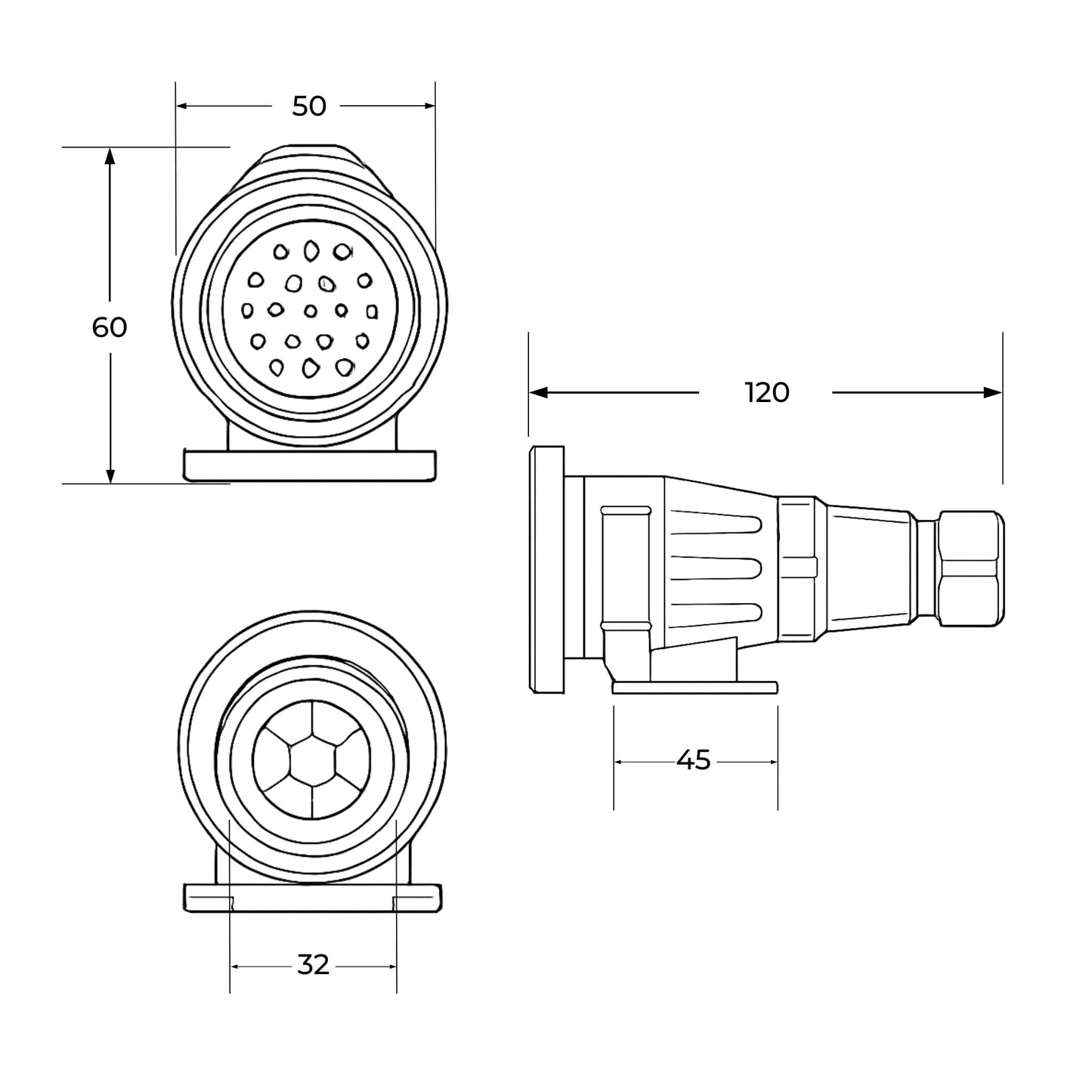 Conector eléctrico macho (enchufe) de 13 pines, fabricado en plástico, ideal para la conexión de remolques, caravanas y maquinaria agrícola.