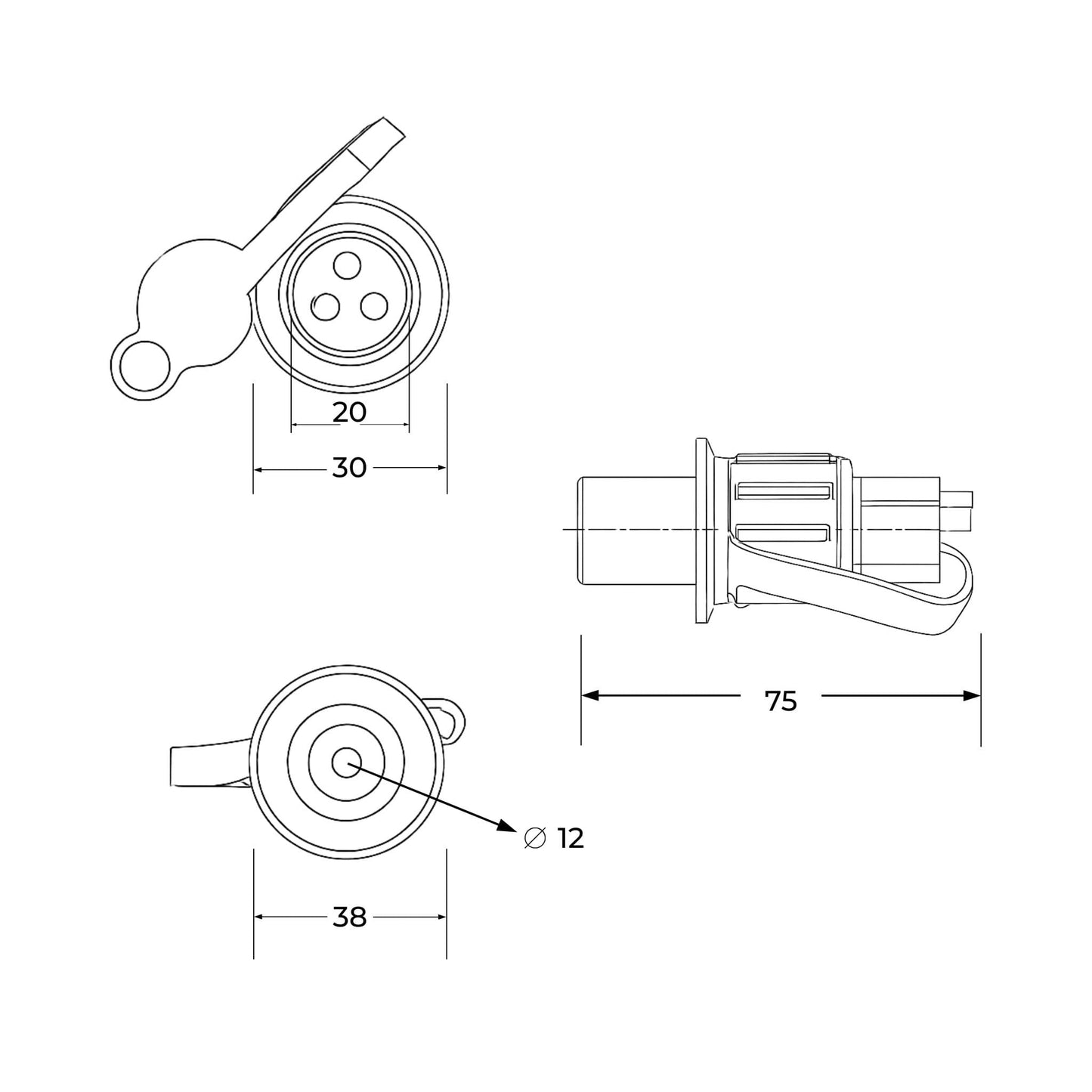 Conector eléctrico macho de 3 pines, fabricado en plástico, para la conexión de remolques y maquinaria agrícola.
