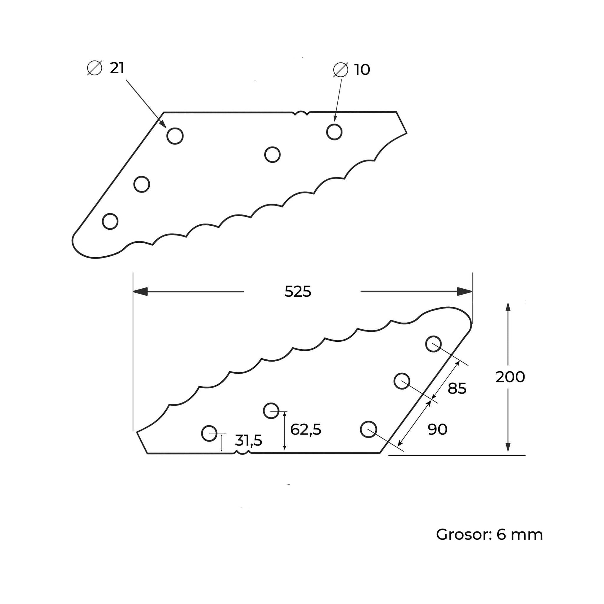 Cuchilla de repuesto para carros mezcladores AGM (adaptable), fabricada en acero de 6 mm de grosor, con 90 mm de distancia entre agujeros y una longitud total de 626 mm. Ideal para el corte y mezclado de forraje.