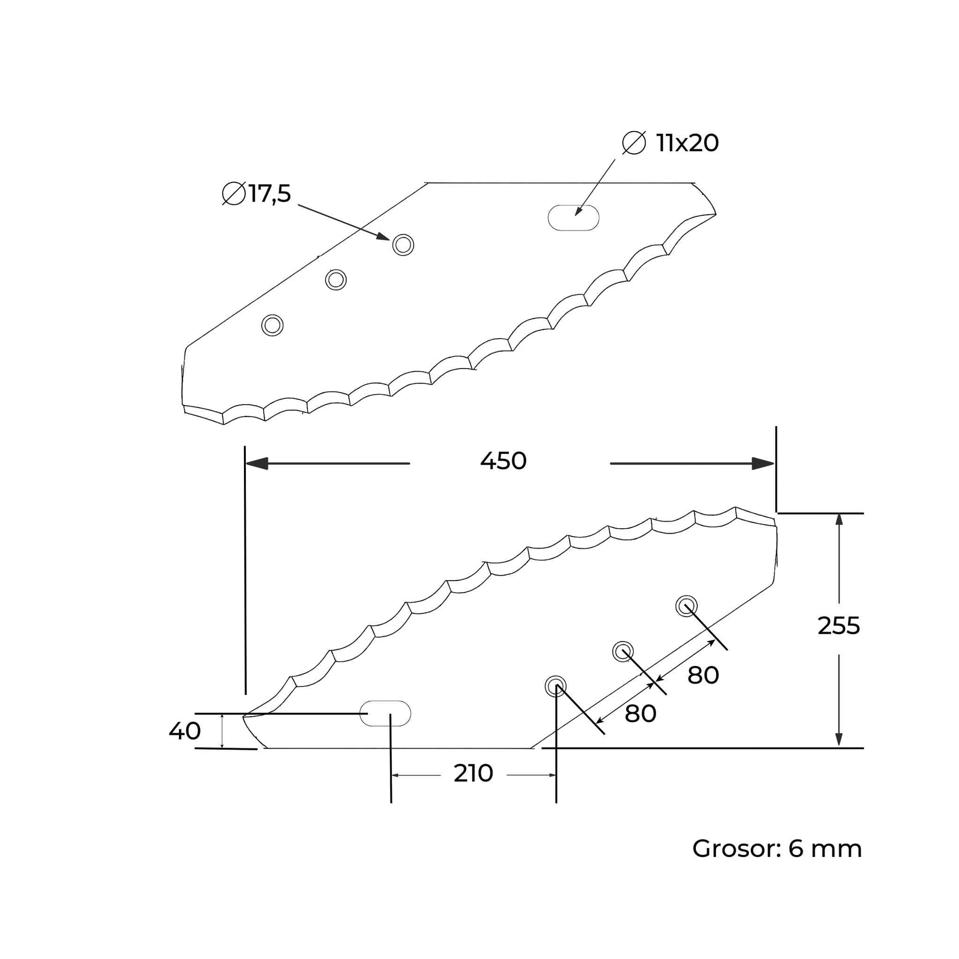 Cuchilla de repuesto para carros mezcladores BvL (adaptable), fabricada en acero de 6 mm de grosor, con 80 mm de distancia entre agujeros y una longitud total de 450 mm. Ideal para el corte y mezclado de forraje.