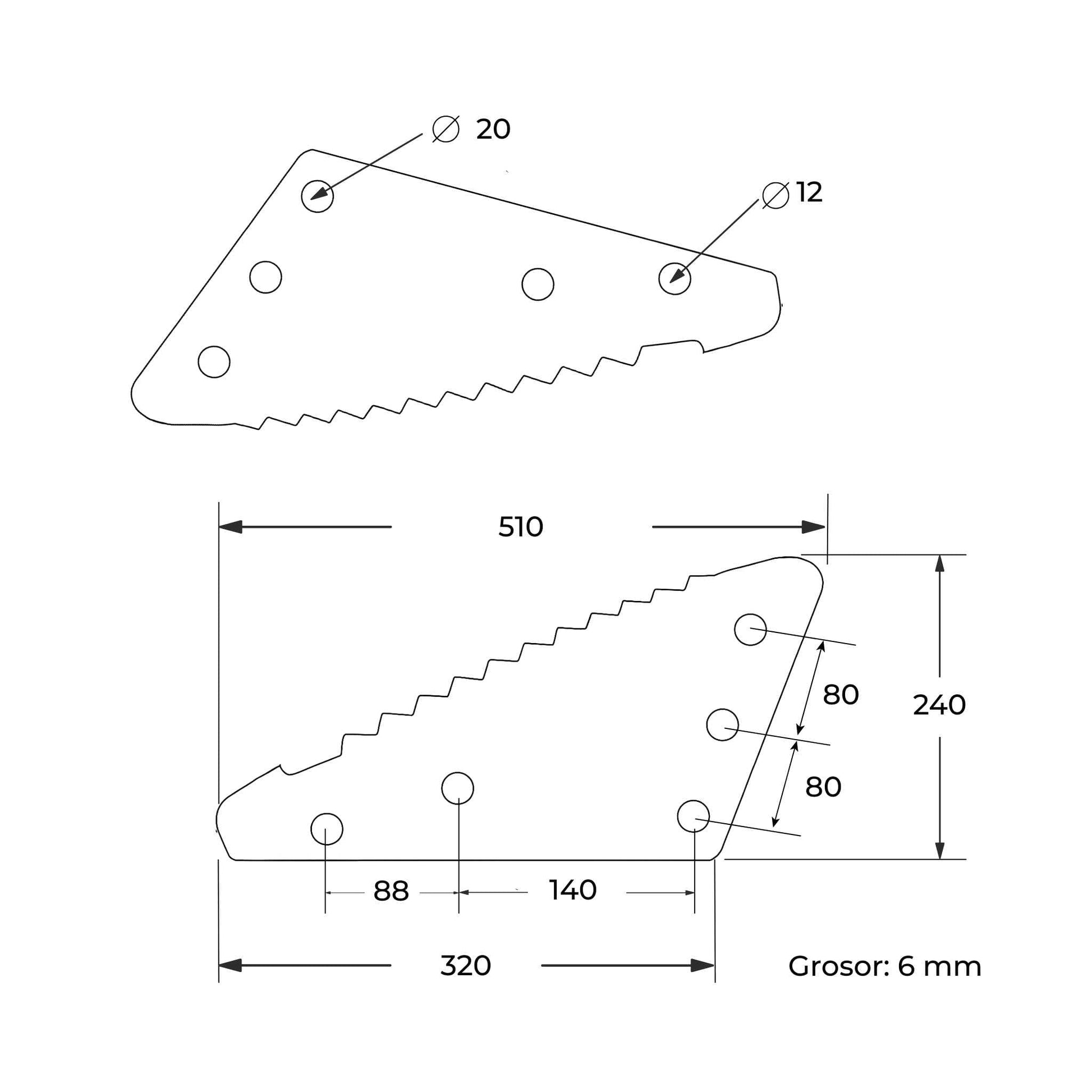 Cuchilla de repuesto para carro mezclador Tatoma con revestimiento de metal duro (tungsteno). Compatible también con modelos de AGM, AVM, Eurocomp y Faresin. Grosor 6 mm, distancia entre agujeros 80 mm y longitud 510 mm. Ideal para el corte y mezclado de forraje. 
