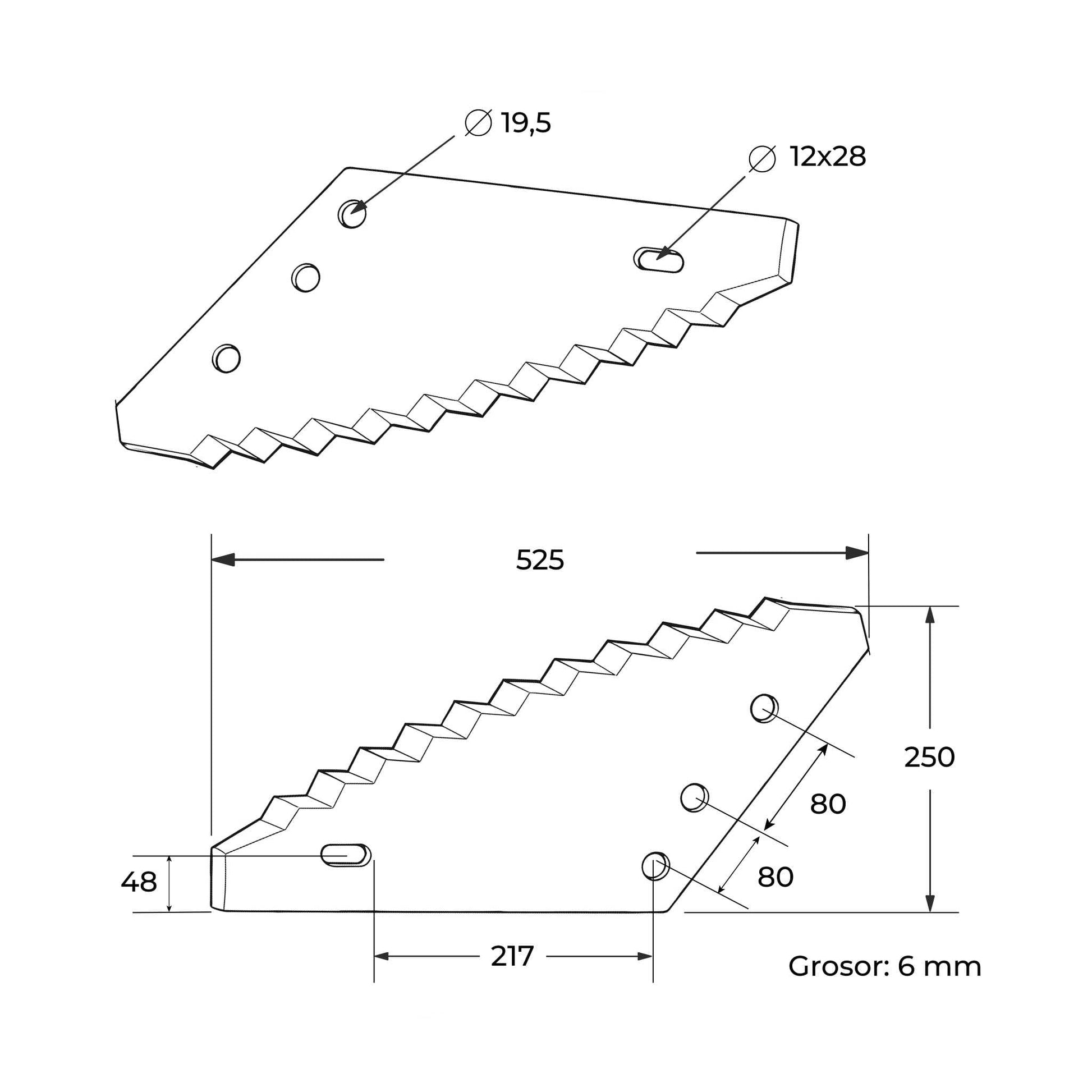 Cuchilla de repuesto universal grande para carro mezclador con revestimiento de metal duro (tungsteno). Compatible con Compar, Frasto, Logifeed, R.M.H., Luclar, Mutti, Storti, BvL, Walker, Peecon y Schuitemaker. Grosor 6 mm, distancia entre agujeros 80 mm y longitud 525 mm. 