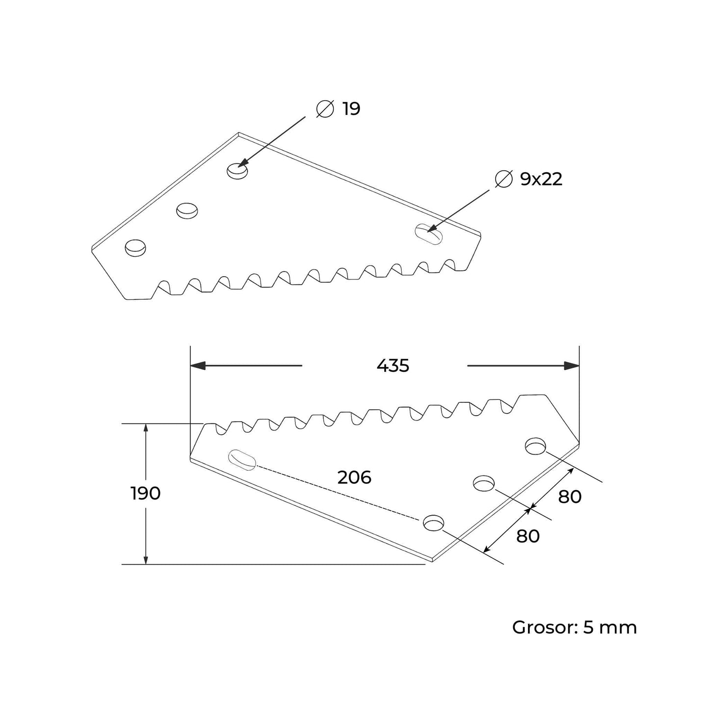 Cuchilla de repuesto pequeña para carro mezclador, de diseño universal y adaptable a marcas como Compar, Luclar, Mutti, OMAS y Unifeed. Fabricada en acero de 5 mm de grosor, con 80 mm de distancia entre agujeros y una longitud total de 435 mm. Ideal para el corte y mezclado de forraje. 