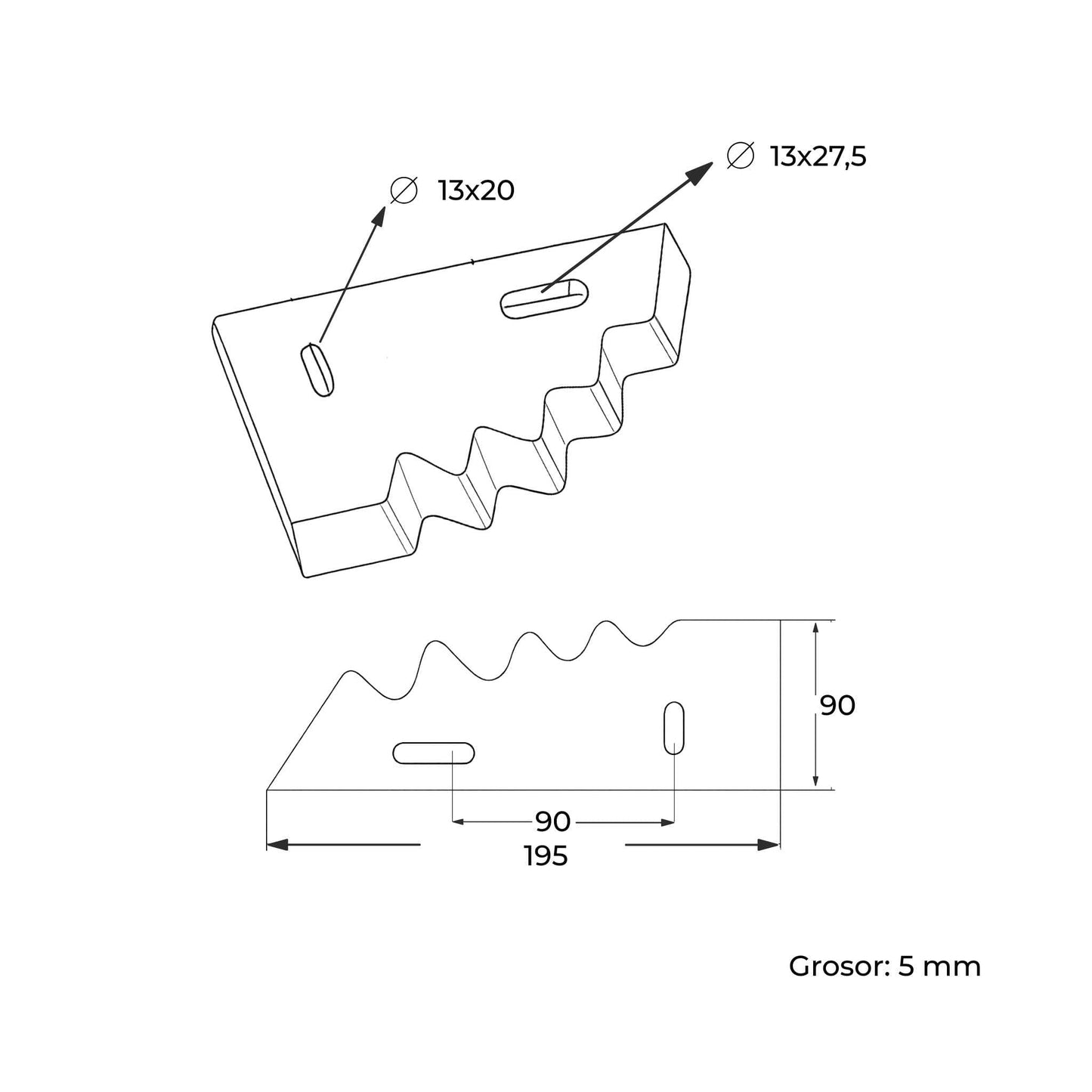 Cuchilla de repuesto derecha tipo media luna, compatible con múltiples modelos de carro mezclador (Himel, Peecon, Gilioli, Italmix). Fabricada en acero reforzado con 5 mm de grosor, 90 mm de distancia entre agujeros y 195 mm de longitud. Ideal para el corte de forraje en maquinaria agrícola.