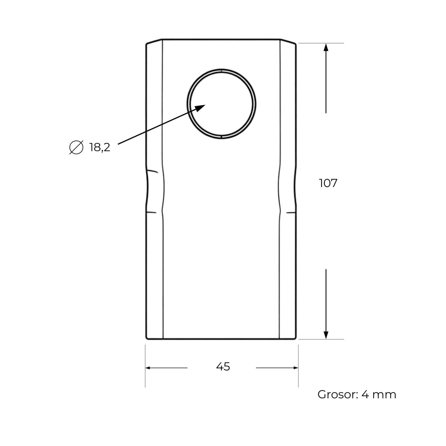 Cuchilla de corte izquierda adaptable para segadora Kuhn. Giro antihorario, referencia 55903210 y medidas 107 x 45 mm.