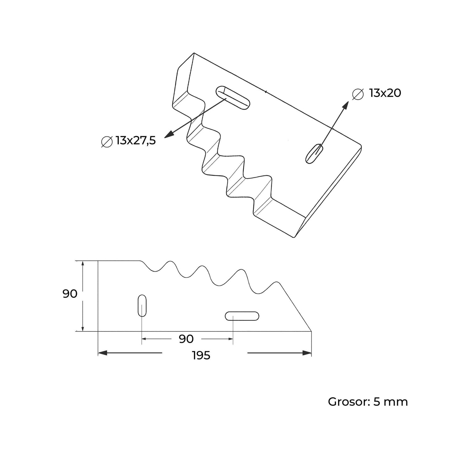 Cuchilla de repuesto izquierda tipo media luna, compatible con múltiples modelos de carro mezclador (Himel, Peecon, Gilioli, Italmix). Fabricada en acero reforzado con 5 mm de grosor, 90 mm de distancia entre agujeros y 195 mm de longitud. Ideal para el corte de forraje en maquinaria agrícola.