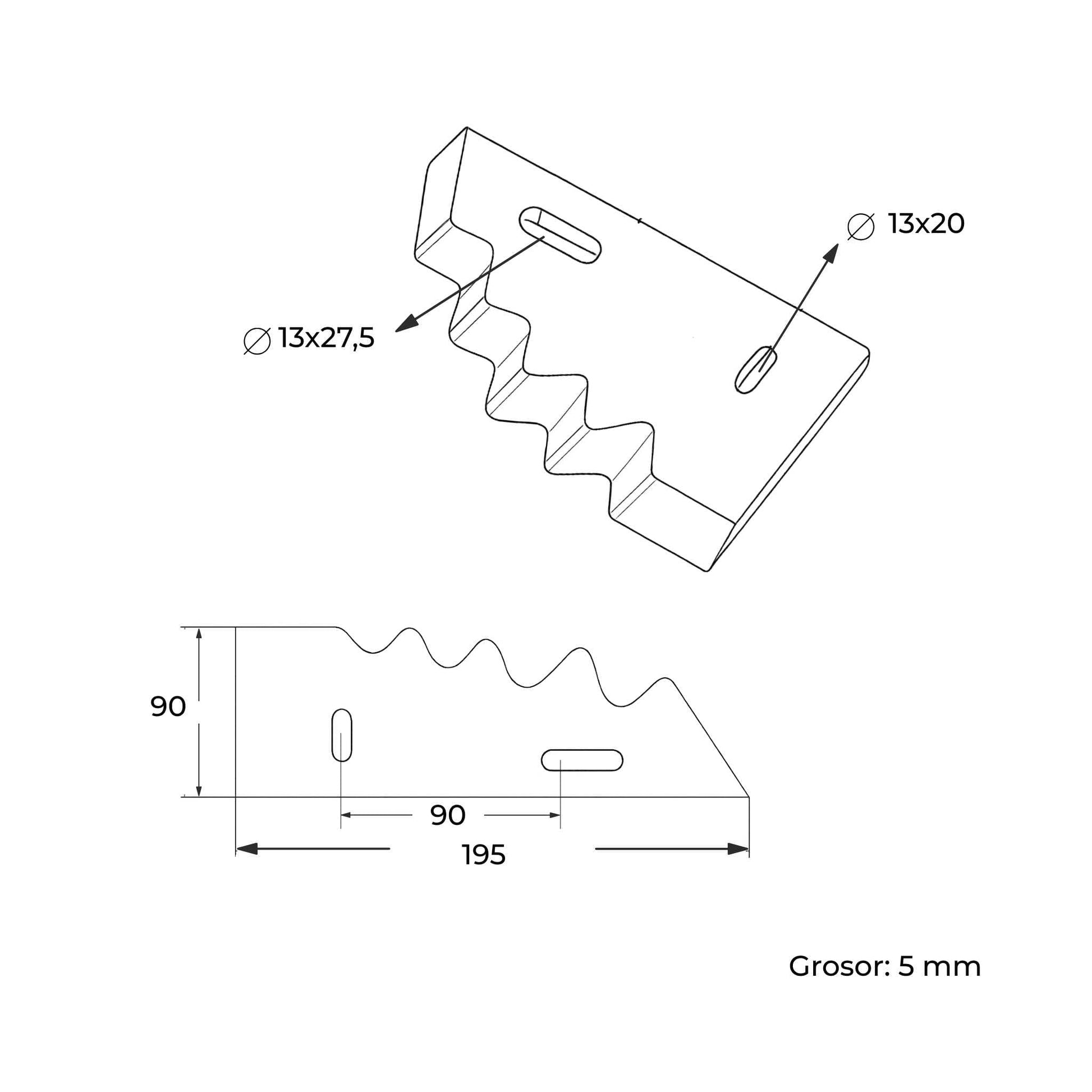 Cuchilla de repuesto izquierda tipo media luna, compatible con múltiples modelos de carro mezclador (Himel, Peecon, Gilioli, Italmix). Fabricada en acero reforzado con 5 mm de grosor, 90 mm de distancia entre agujeros y 195 mm de longitud. Ideal para el corte de forraje en maquinaria agrícola.
