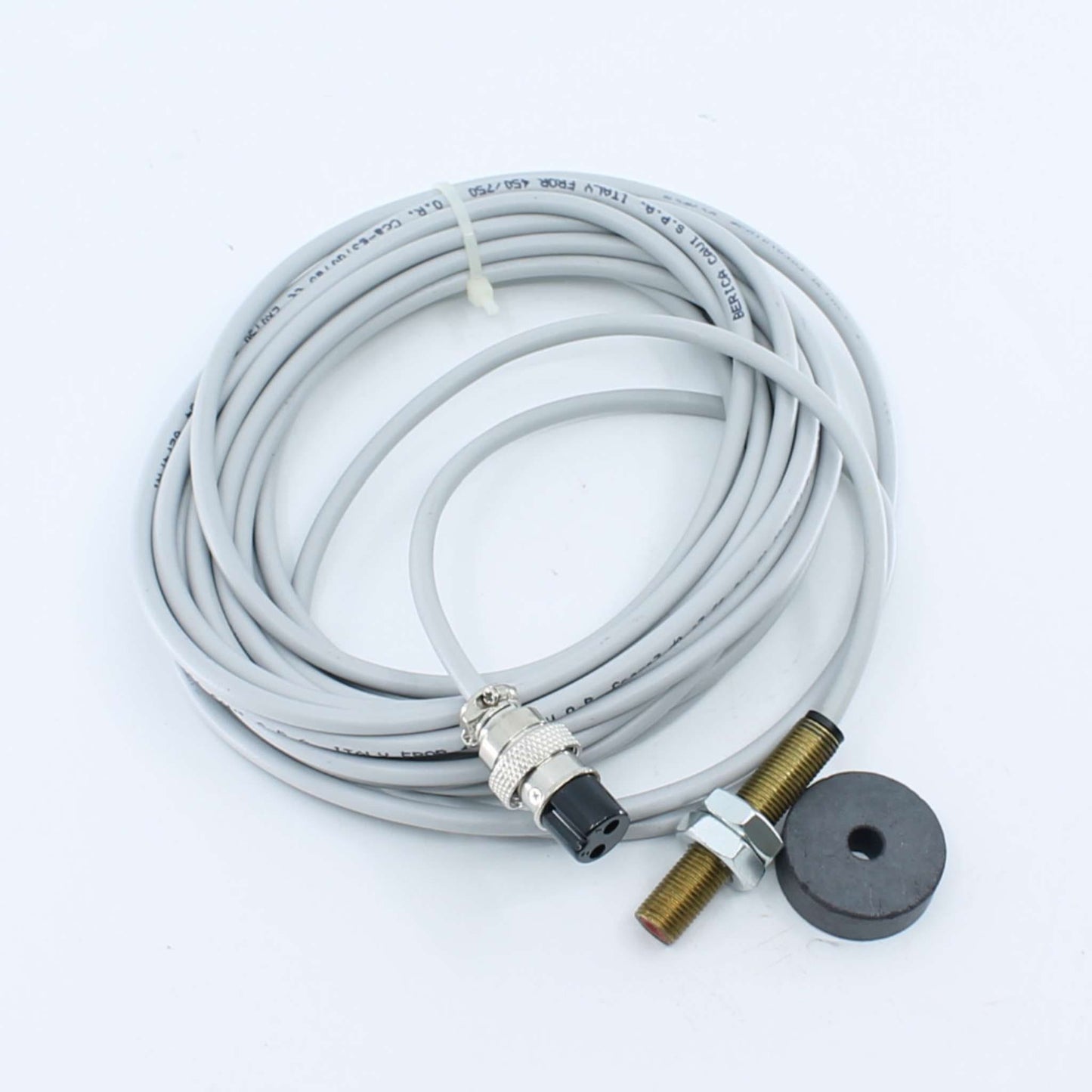 Monitor digital cuentavueltas universal para encintadora de pacas y rollos de forraje, con pantalla LCD, cableado y aviso frontal de precaución.