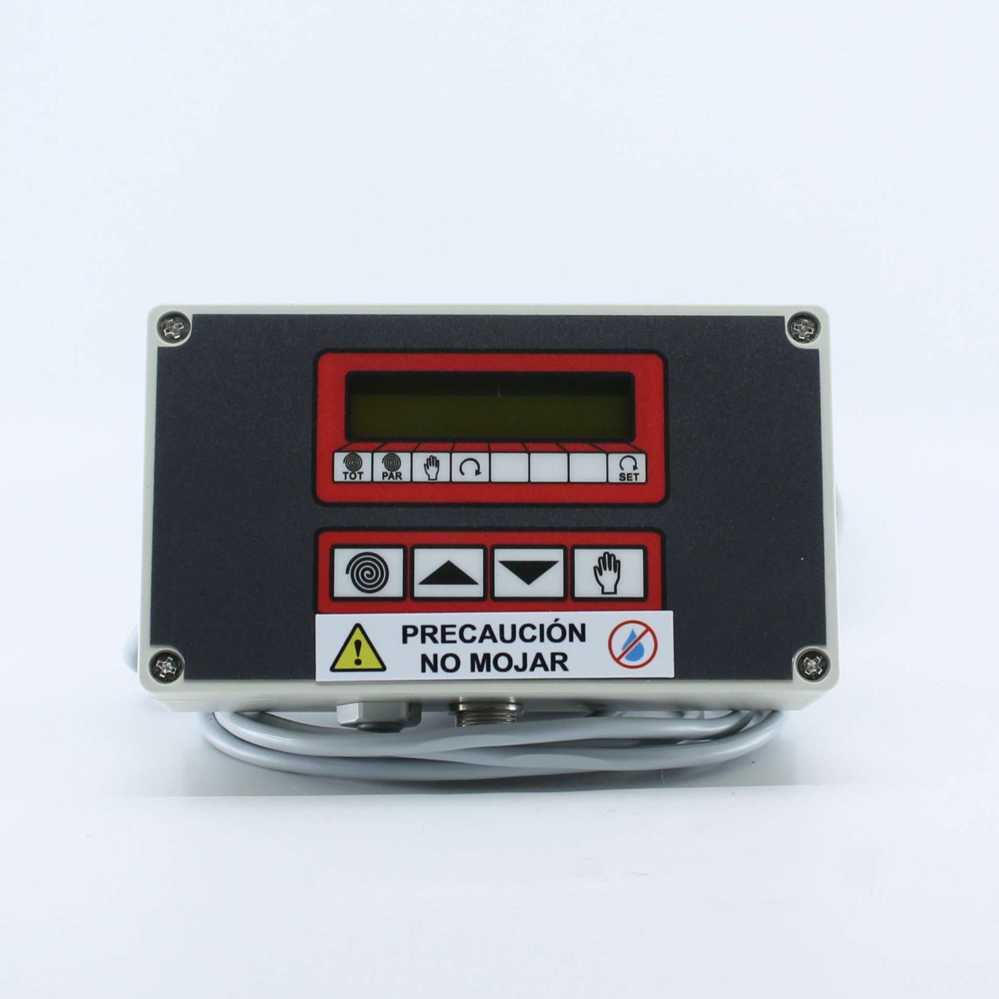 Monitor digital cuentavueltas universal para encintadora de pacas y rollos de forraje, con pantalla LCD, cableado y aviso frontal de precaución.