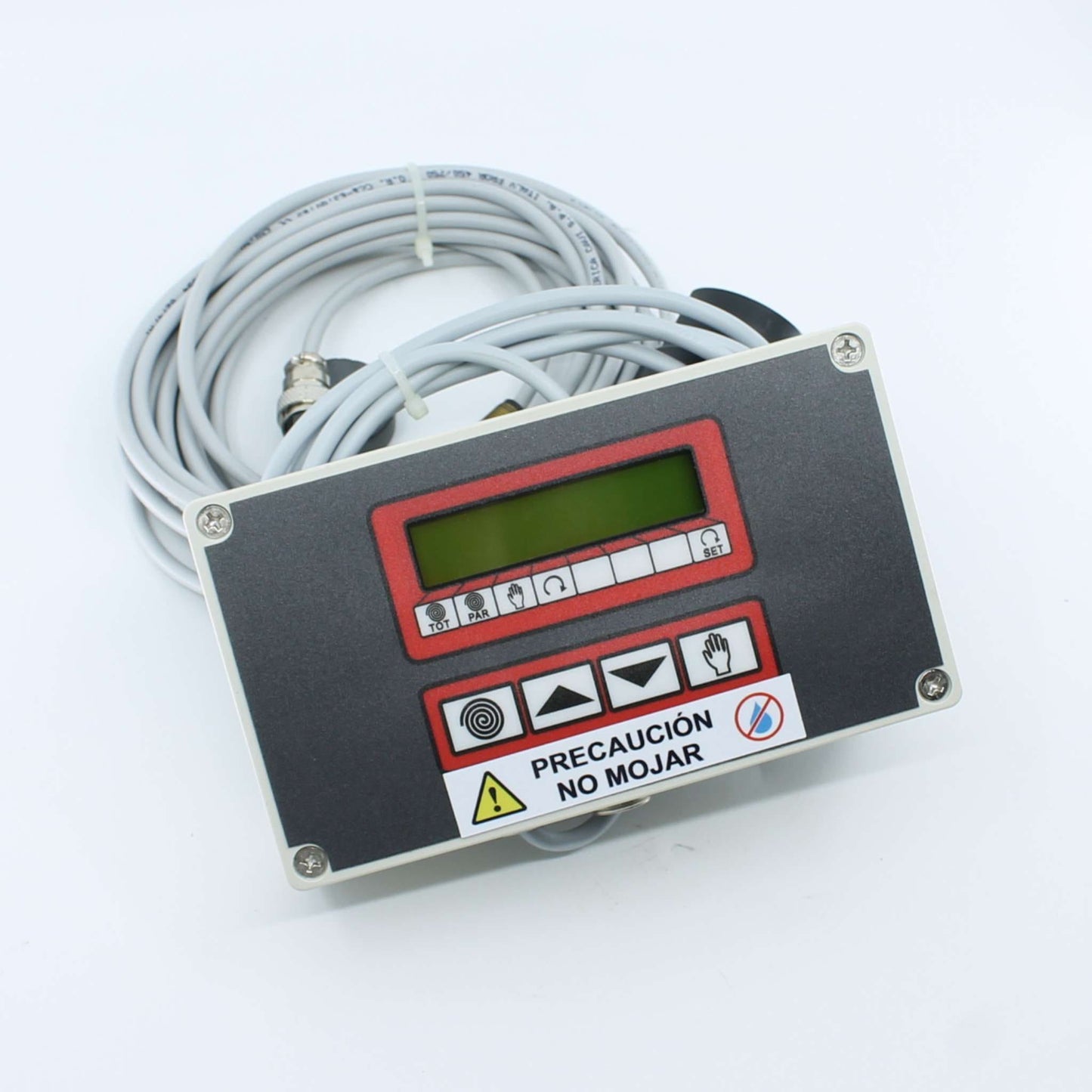 Monitor digital cuentavueltas universal para encintadora de pacas y rollos de forraje, con pantalla LCD, cableado y aviso frontal de precaución.