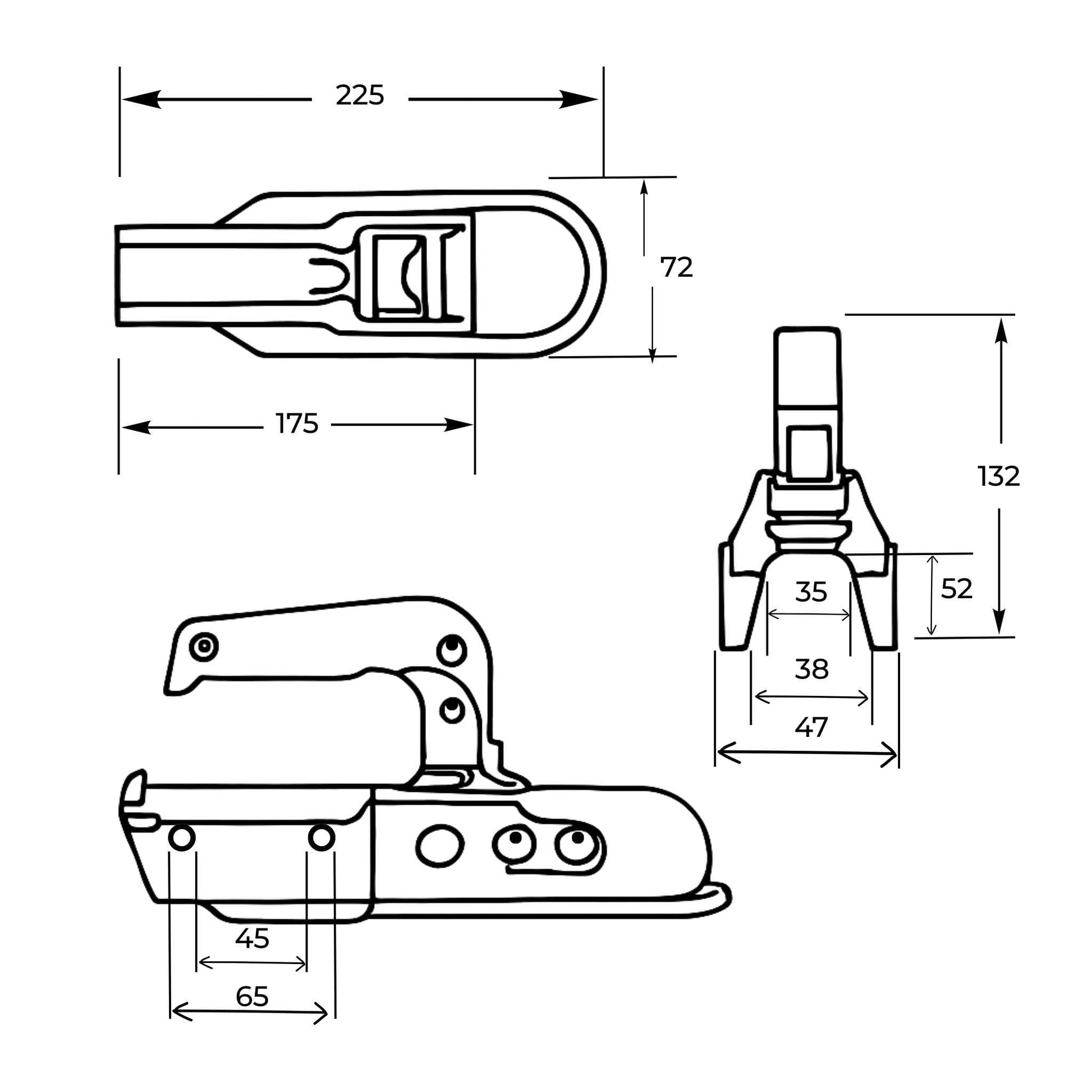 Enganche redondo para remolque, con un diámetro de 35 mm y una capacidad de carga de 750 kg.