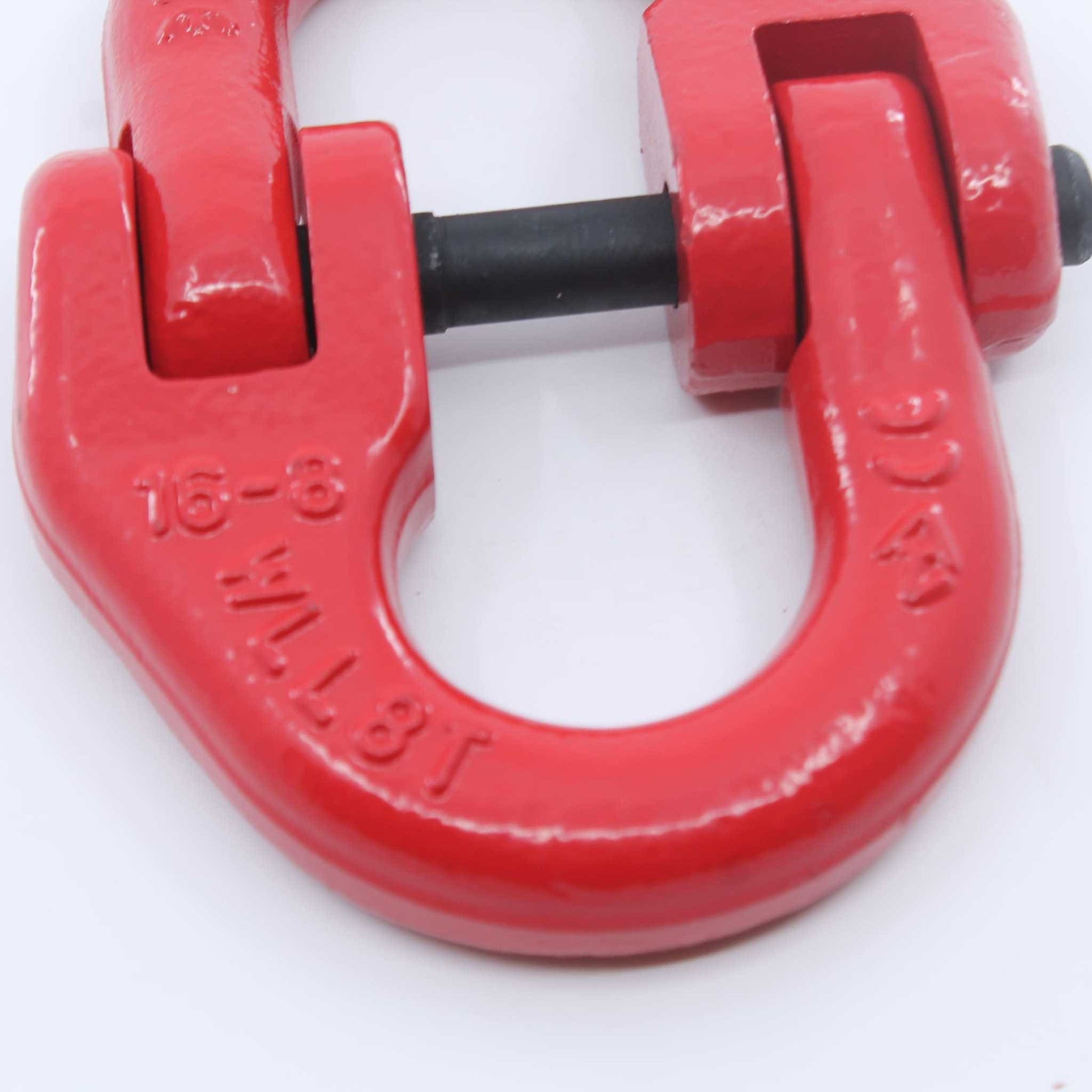 Eslabón de conexión tipo Hammerlock (eslabón de unión) Grado 80 de 16 mm, con carga máxima de 8 toneladas, color rojo, ideal para unir cadenas o conectar implementos agrícolas.