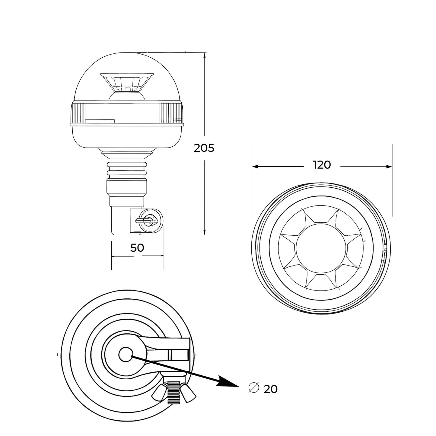 Faro rotativo flexible LED, homologado para vehículos agrícolas, de 12-24 V y que cumple la normativa ECE R65.