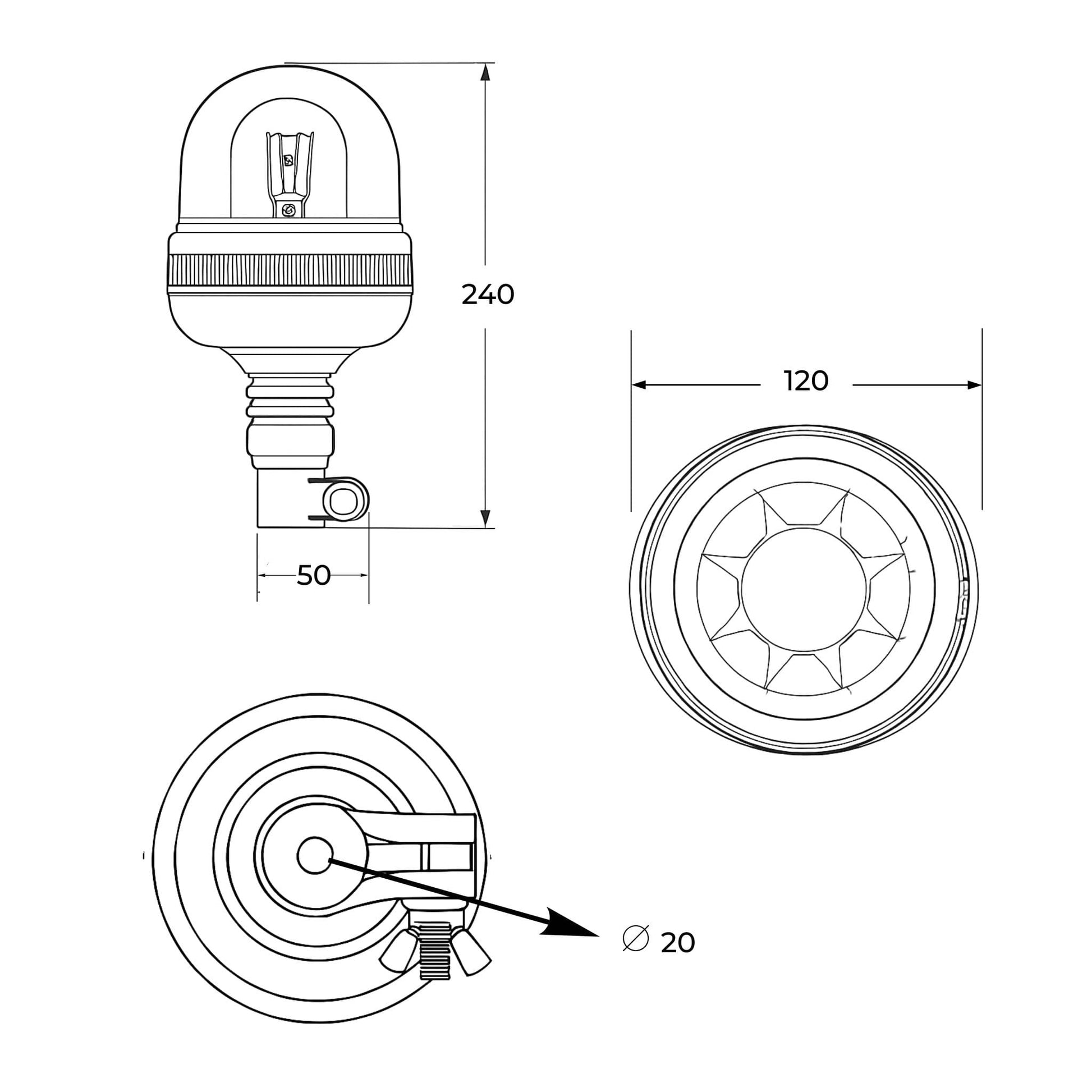 Faro rotativo flexible y con motor, homologado para vehículos agrícolas, de 12-24 V y que cumple la normativa ECE R65.
