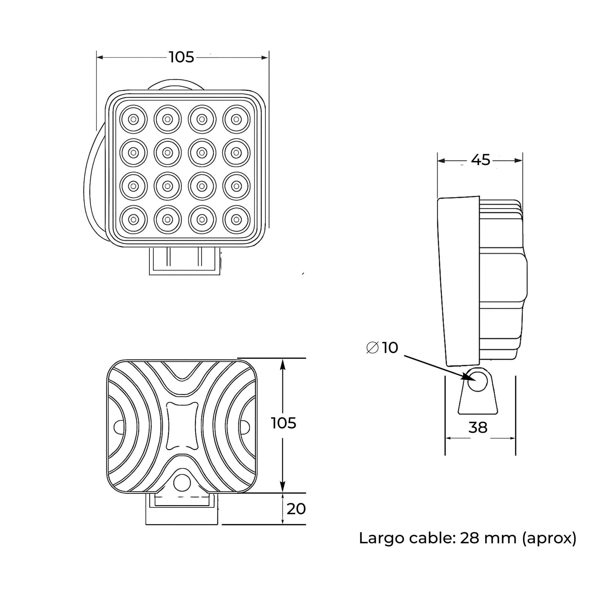 Faro de trabajo LED cuadrado (3.500 lúmenes, 48 W) para 12-24 V, con 16 LEDs, que funciona a 10-30 VDC, con homologación IP67, ideal para tractores y maquinaria agrícola.