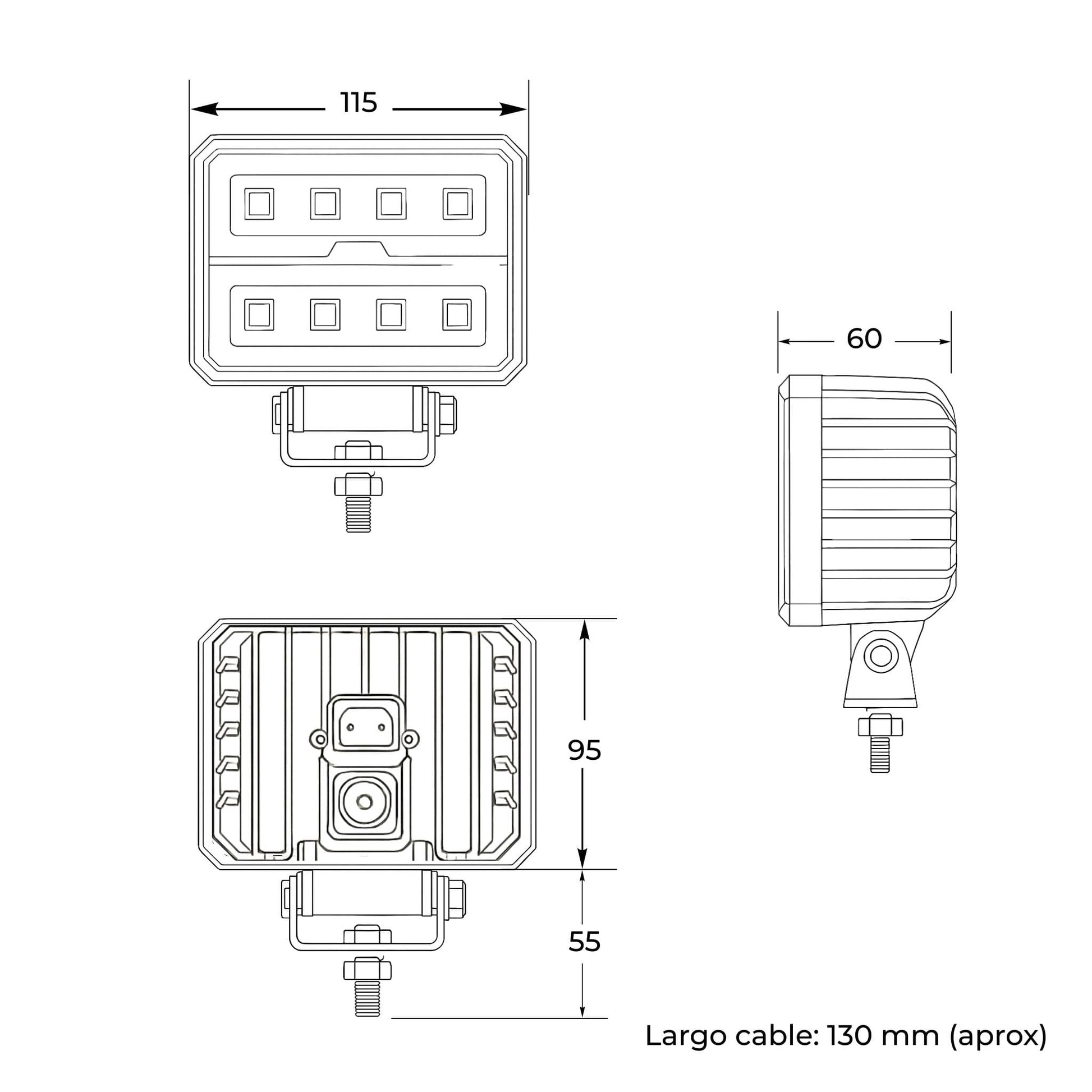 Faro de trabajo LED cuadrado (4.400 lúmenes, 40 W) para 12-24 V, con 8 LEDs, que funciona a 10-30 VDC, con homologación E9, ideal para tractores y maquinaria agrícola.