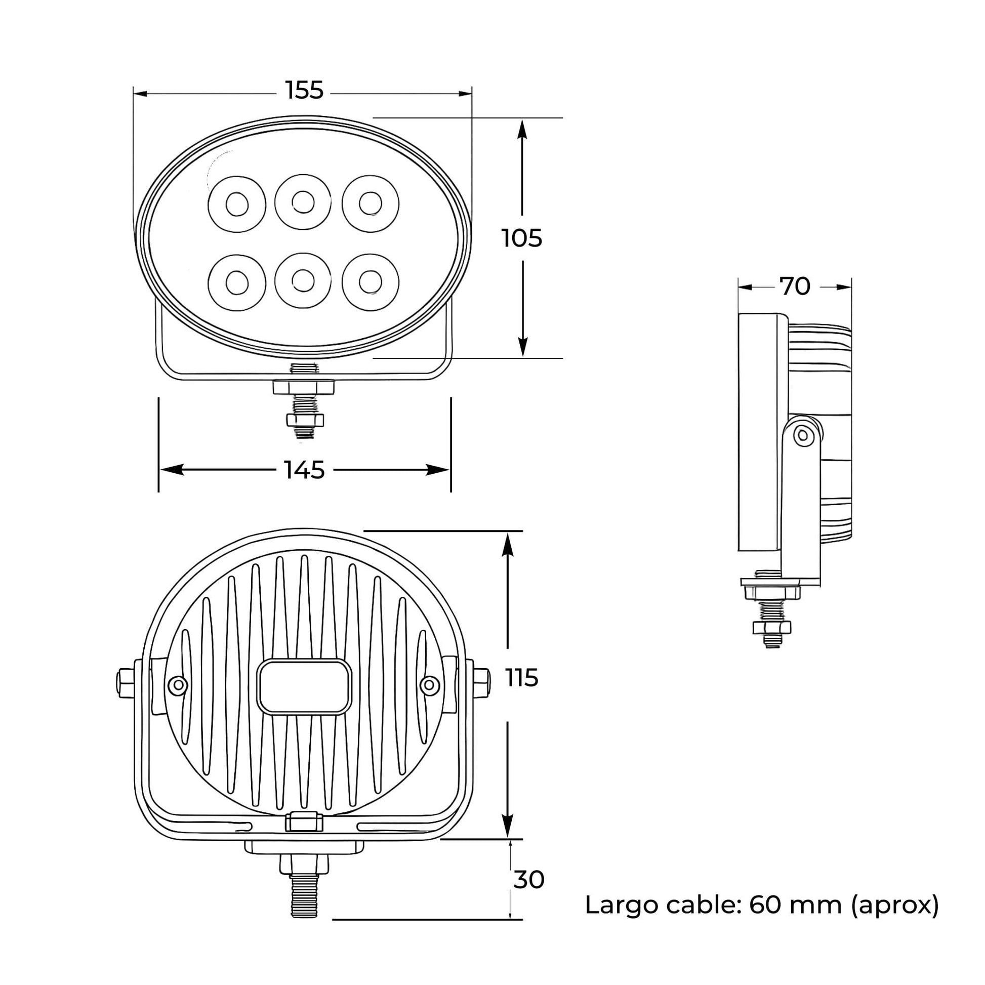 Faro de trabajo LED ovalado de largo alcance (6.600 lúmenes, 60 W) para 12-24 V, con 6 LEDs, que funciona a 12-60 VDC, con homologación IP68, ideal para tractores y maquinaria agrícola.