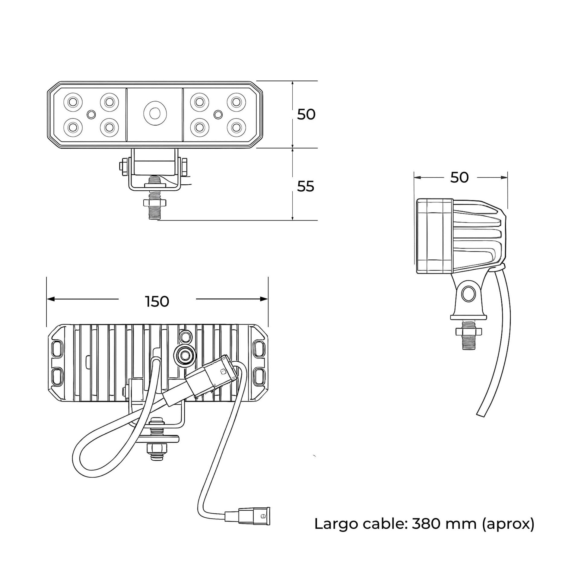 Faro de trabajo LED rectangular (2.600 lúmenes, 24 W) para 12-24 V, con 8 LEDs, que funciona a 10-30 VDC, con homologación E9, ideal para tractores y maquinaria agrícola.
