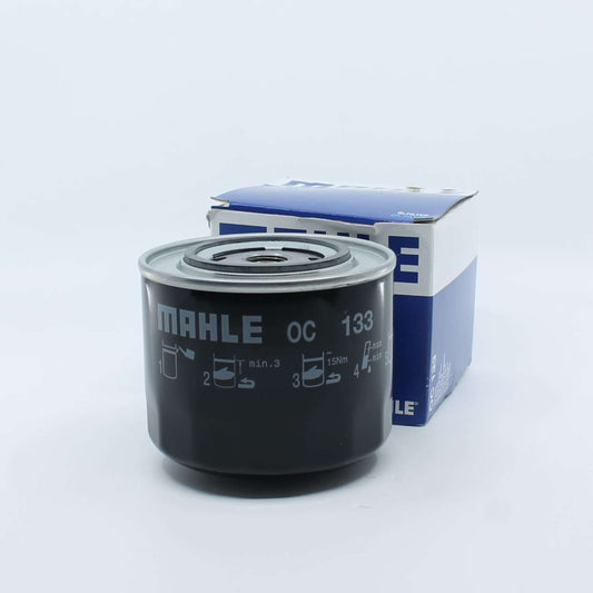 Filtro de aceite original MAHLE modelo OC 133. Filtro roscado blindado de color negro para motor térmico.

