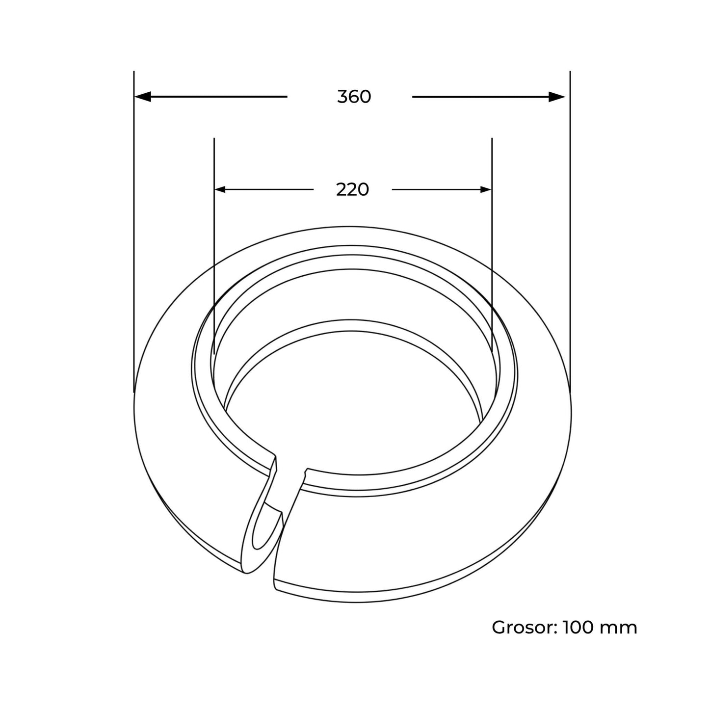 Flector elástico de caucho UNE M9 76/85 para desbrozadora con diámetro interior de 220 mm, exterior de 360 mm y grosor de 100 mm.