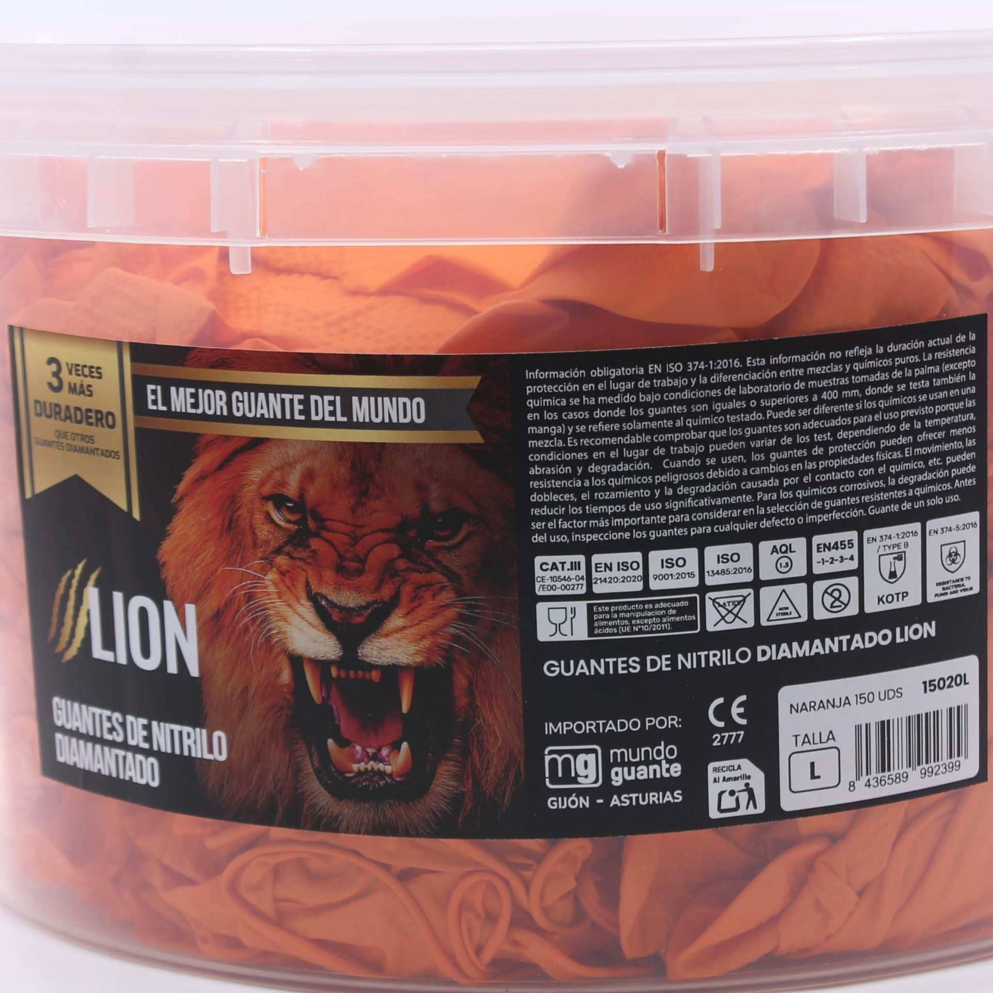 Cubo de 150 guantes de nitrilo diamantado de color naranja marca Lion. Guantes extra resistentes Cat III para taller mecánico y agricultura.