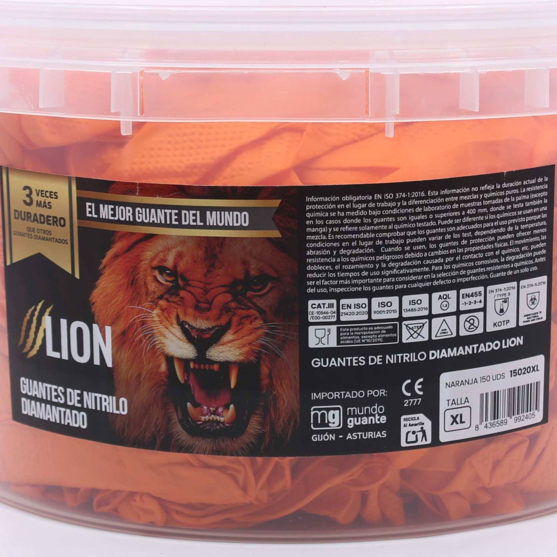 Cubo de 150 guantes de nitrilo diamantado de color naranja marca Lion. Guantes extra resistentes Cat III para taller mecánico y agricultura.