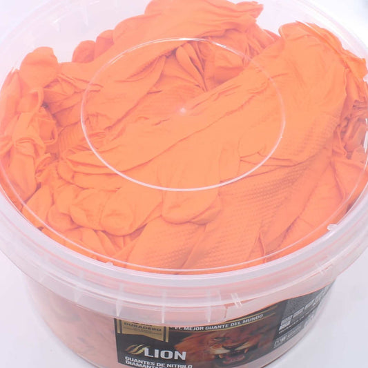 Cubo de 150 guantes de nitrilo diamantado de color naranja marca Lion. Guantes extra resistentes Cat III para taller mecánico y agricultura.