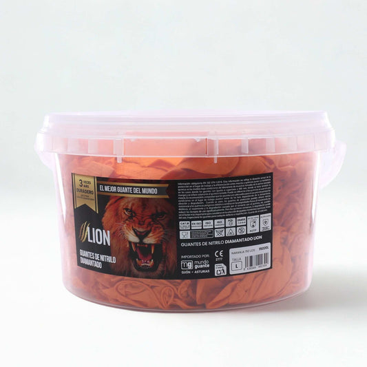 Cubo de 150 guantes de nitrilo diamantado de color naranja marca Lion. Guantes extra resistentes Cat III para taller mecánico y agricultura.