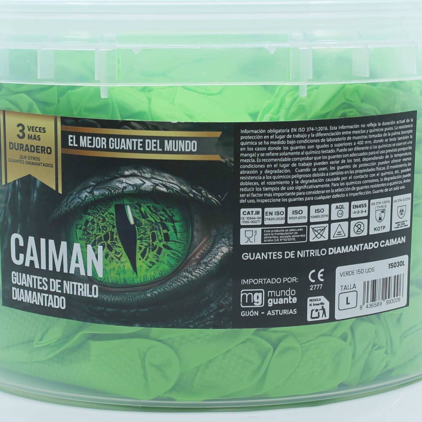 Cubo de 150 guantes de nitrilo diamantado de color verde marca Caiman. Guantes de alta visibilidad y gran resistencia para mecánicos y agricultores.