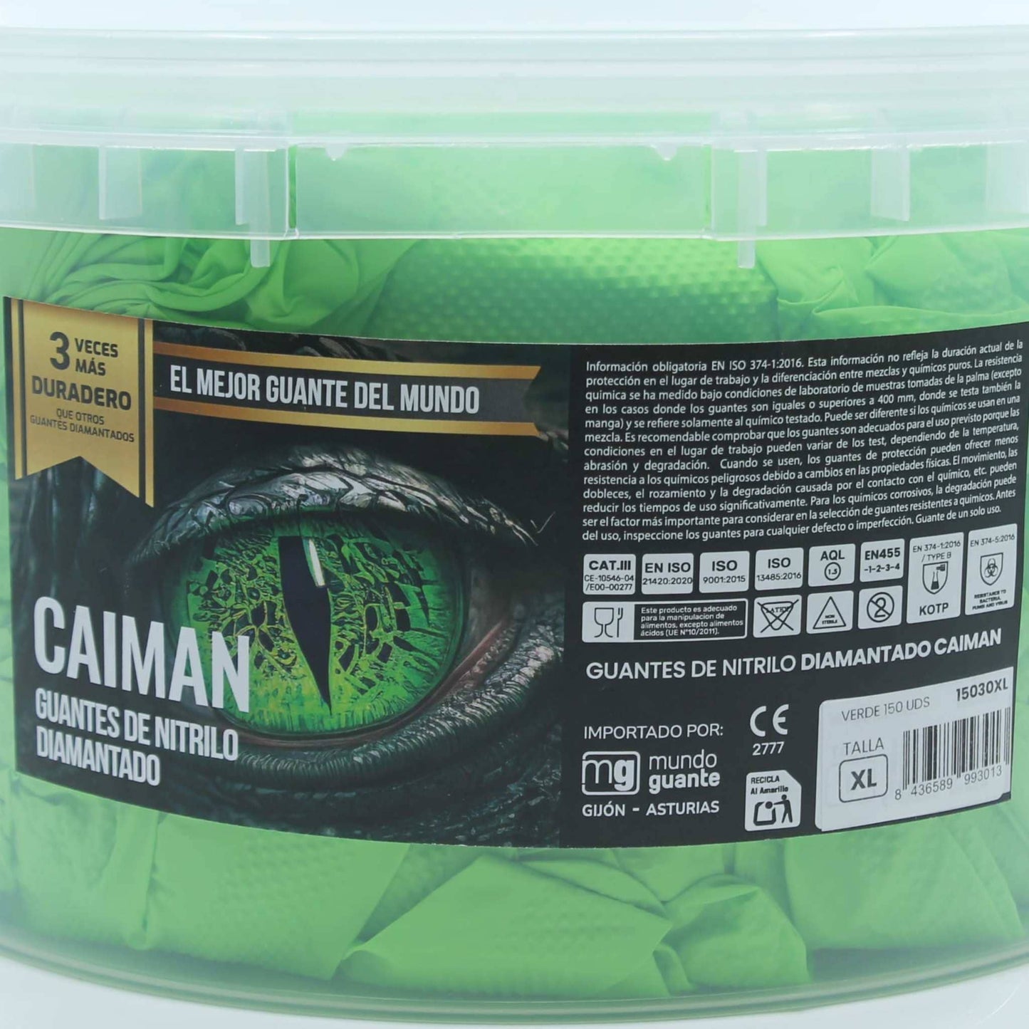 Cubo de 150 guantes de nitrilo diamantado de color verde marca Caiman. Guantes de alta visibilidad y gran resistencia para mecánicos y agricultores.