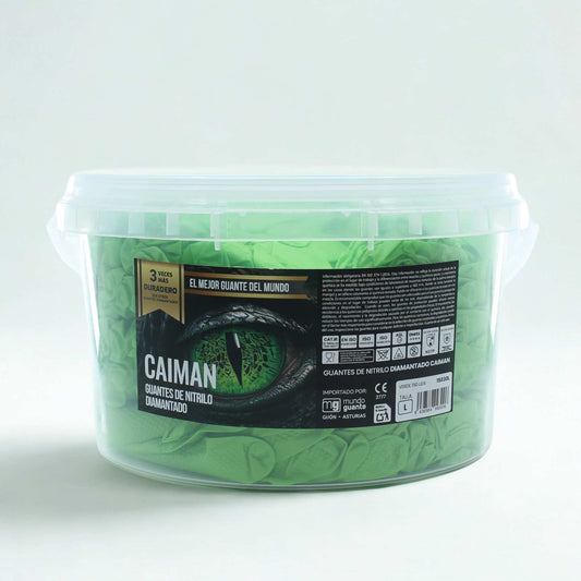 Cubo de 150 guantes de nitrilo diamantado de color verde marca Caiman. Guantes de alta visibilidad y gran resistencia para mecánicos y agricultores.