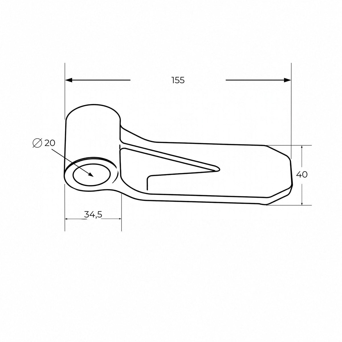 Hembra de bisagra forjada reforzada con orificio de 20 mm y dimensiones 155 x 40 mm para soldar en remolque.