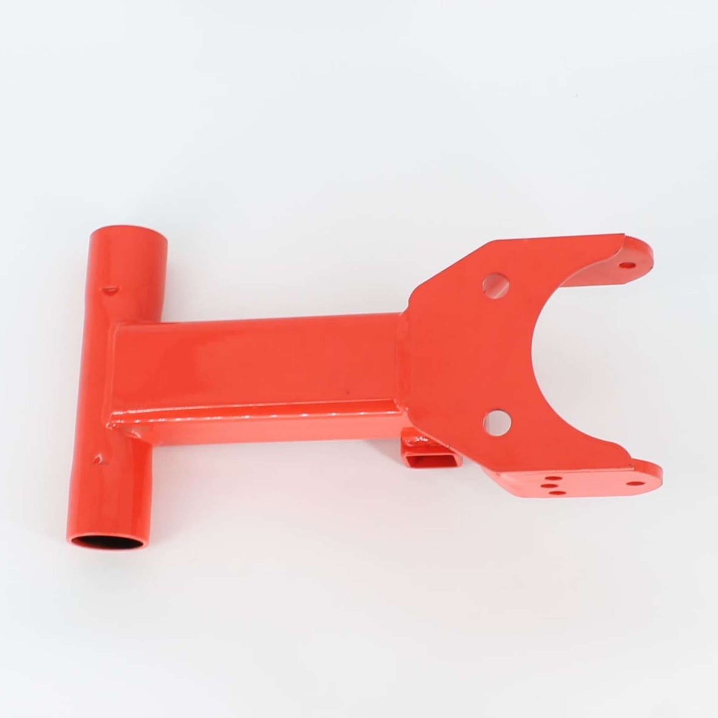 Horquilla articulación chasis original Gaspardo ref. 12217821 en posición 2. Soporte de acero rojo con acoplamiento en U multi-orificio y eje tubular para modelos FBR.
