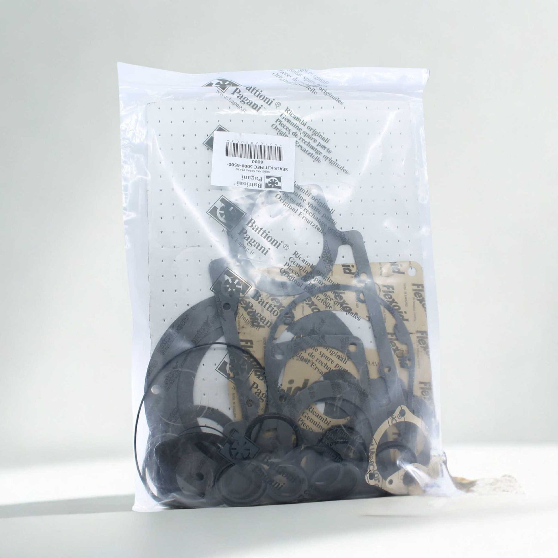 Kit completo de juntas y retenes original Battioni Pagani para mantenimiento de depresor modelos MEC 5000, MEC 6500 y MEC 8000.