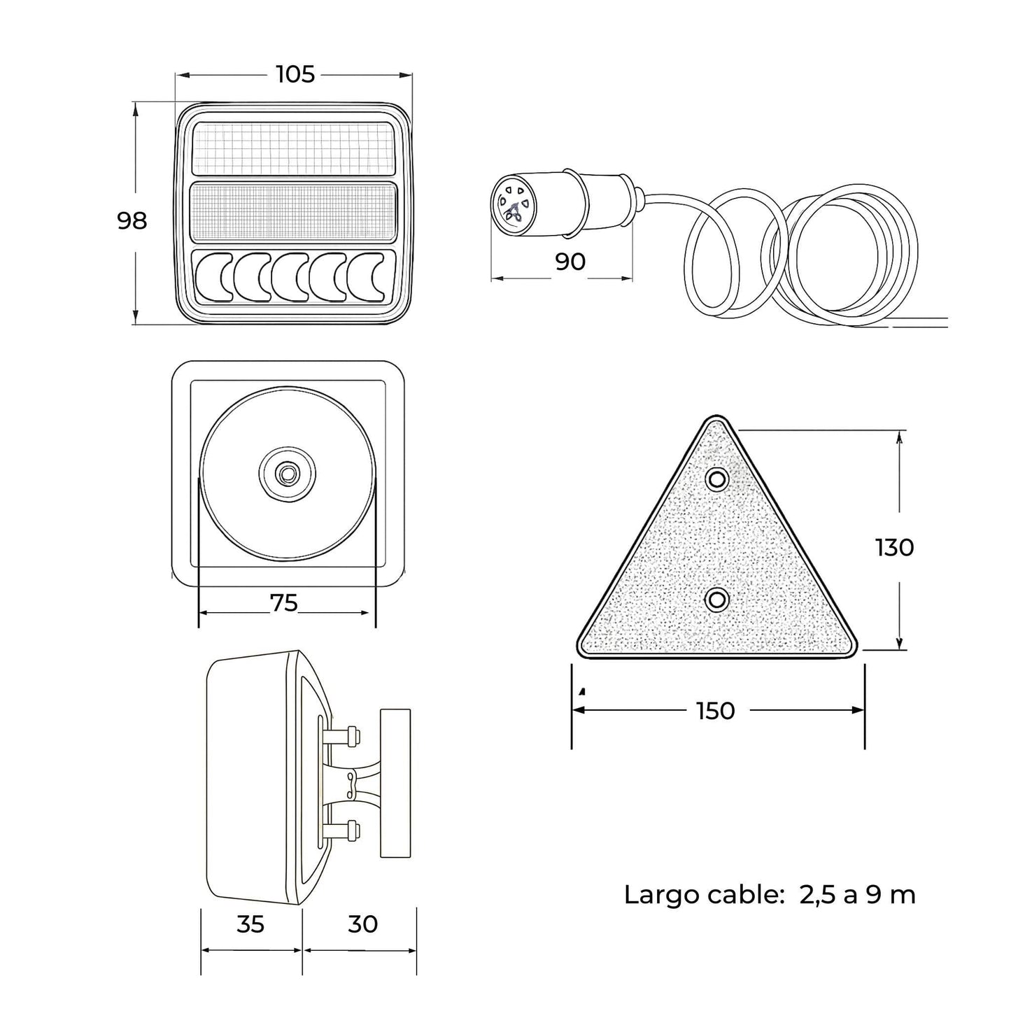 Kit de luces LED magnéticas para remolque con cable extensible de 9m, conector 7 pines, 5 funciones y homologación E4.