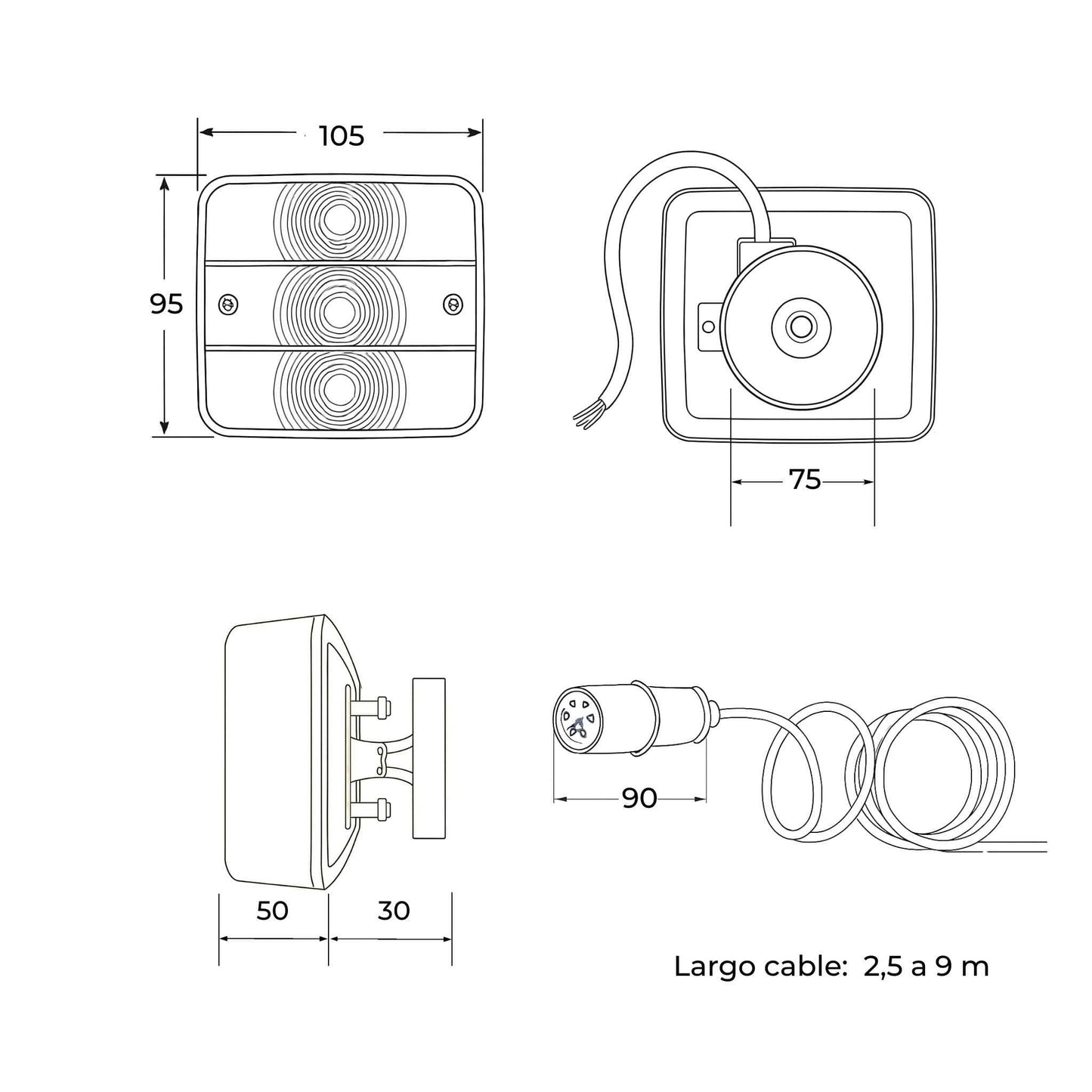 Kit de luces de señalización traseras universal de lámpara (bombilla) de 4 funciones, con fijación magnética, cable extensible de 2,5 a 9 metros, conector de 7 pines, 12 V y homologación E4, para remolque agrícola.