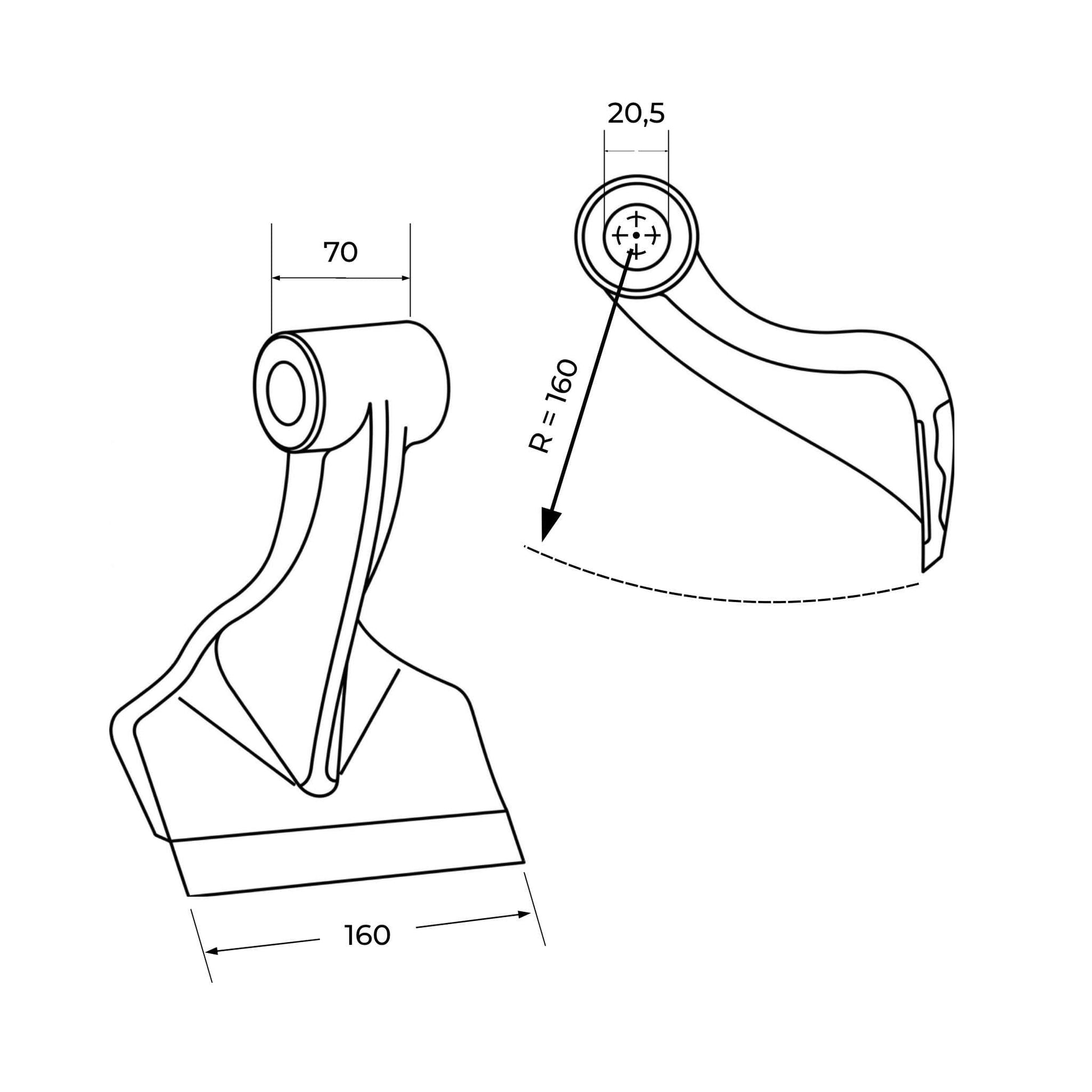 Martillo de acero forjado para desbrozadora o trituradora con base de corte de 160 mm, cabeza de acoplamiento de 70 mm y taladro de paso de 20,5 mm.