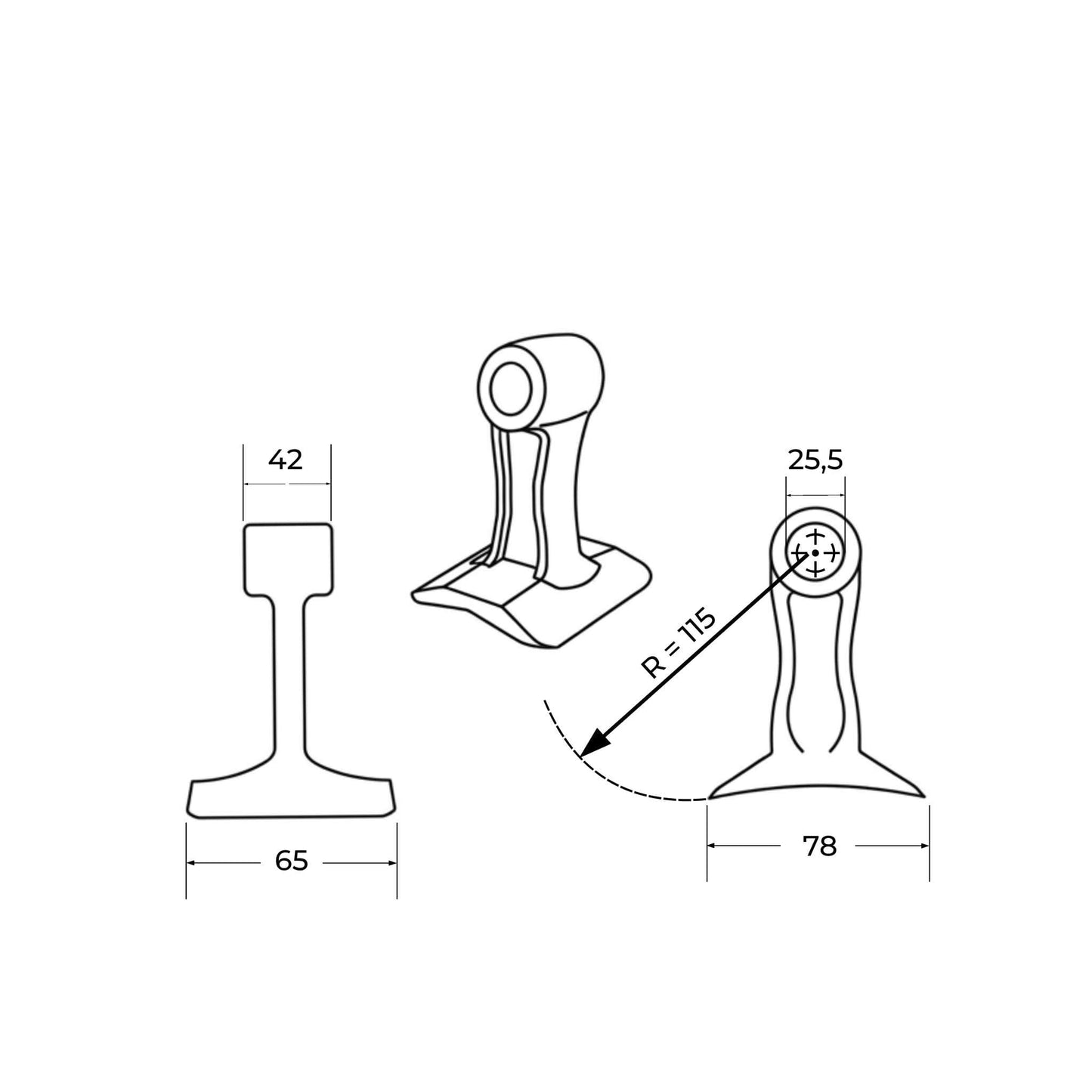 Martillo de acero forjado para desbrozadora con base de corte de 65 mm, cabeza de acoplamiento de 42 mm y taladro de paso de 25,5 mm.