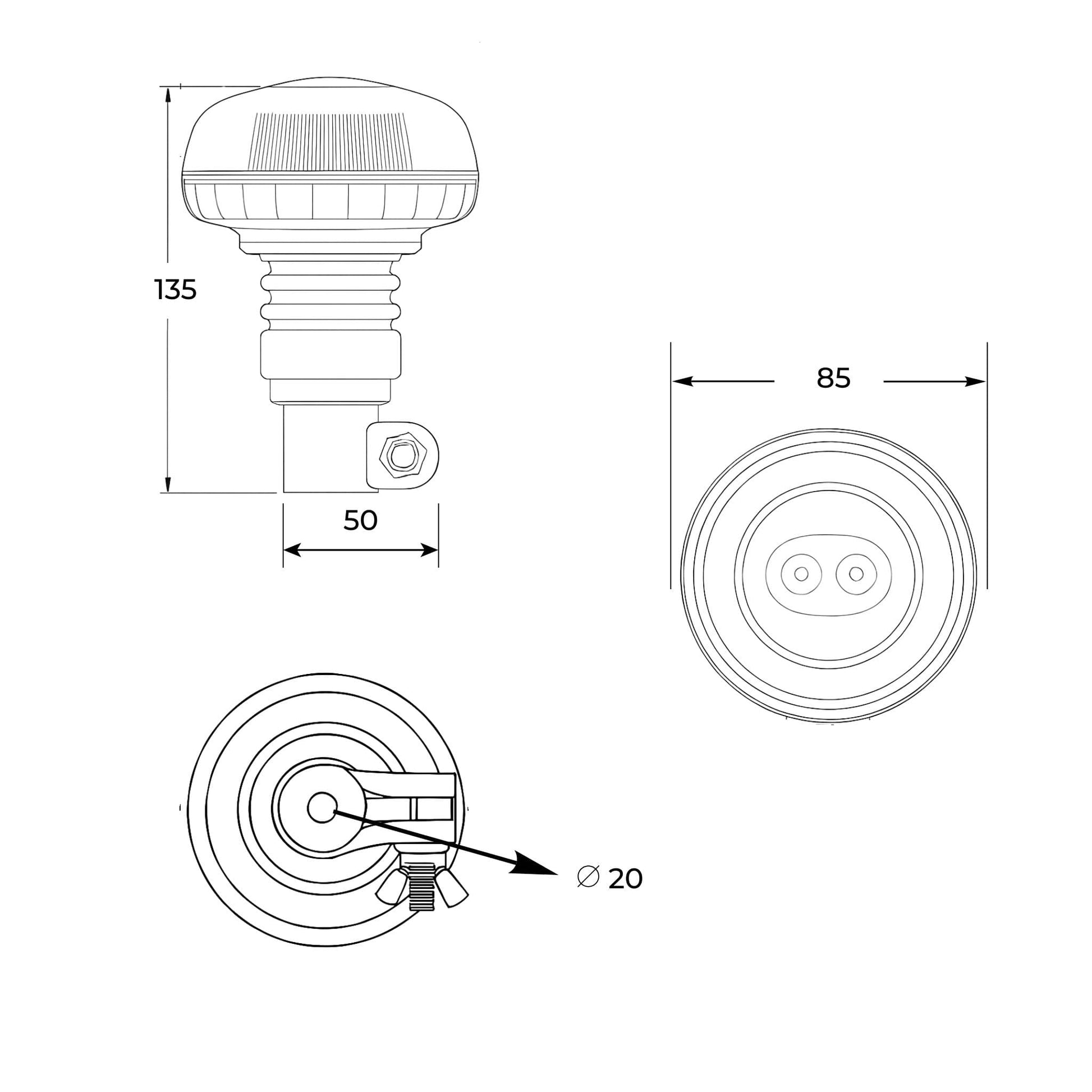 Mini faro rotativo flexible LED, homologado para vehículos agrícolas, de 12-24 V y que cumple la normativa ECE R65.