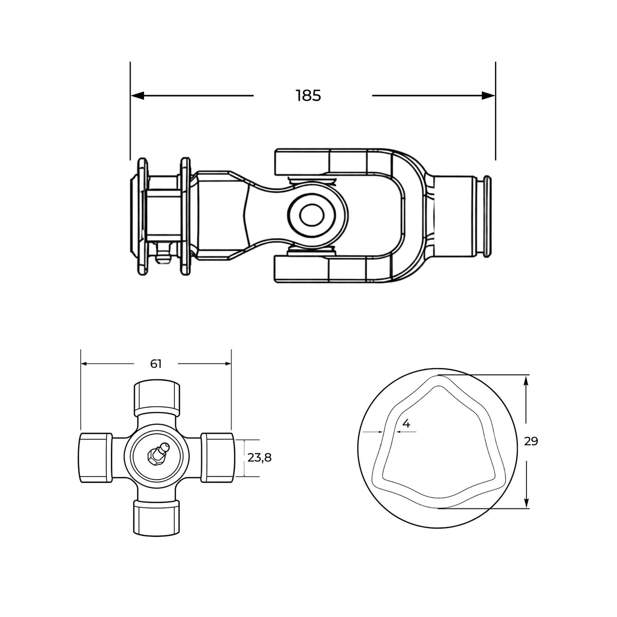 Nudo de transmisión con estriado 1" 3/8 Z6 para tubo perfil triangular de 29 x 4 mm y cruceta 23,8 x 61 mm.