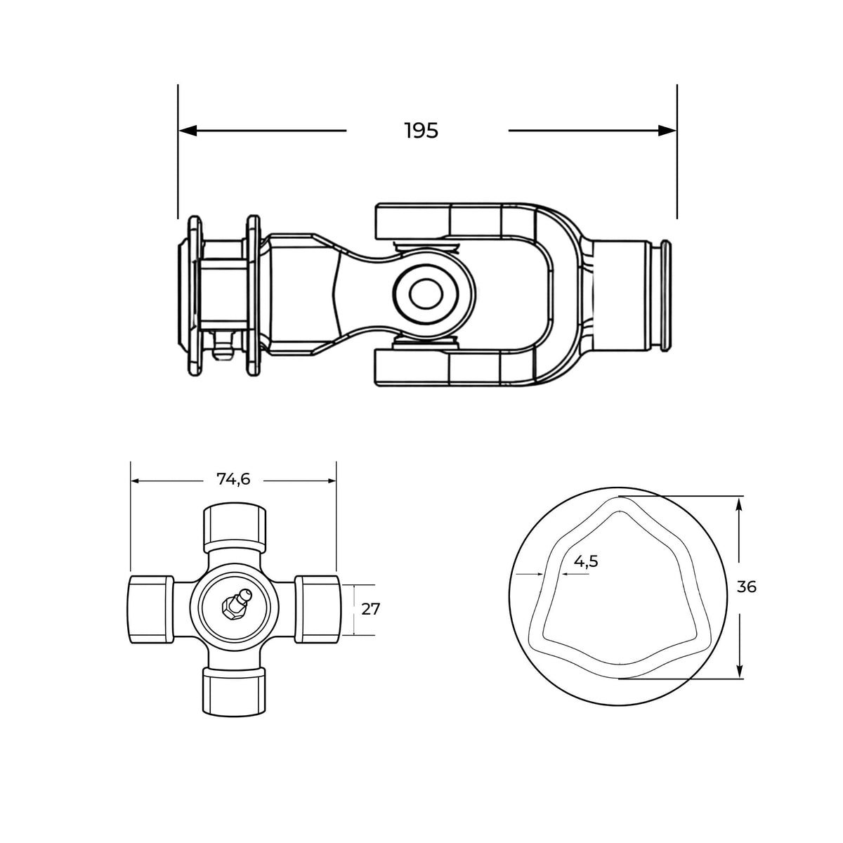 Nudo de transmisión con estriado 1" 3/8 Z6 para tubo perfil triangular de 36 x 4,5 mm y cruceta 27 x 74,6 mm.