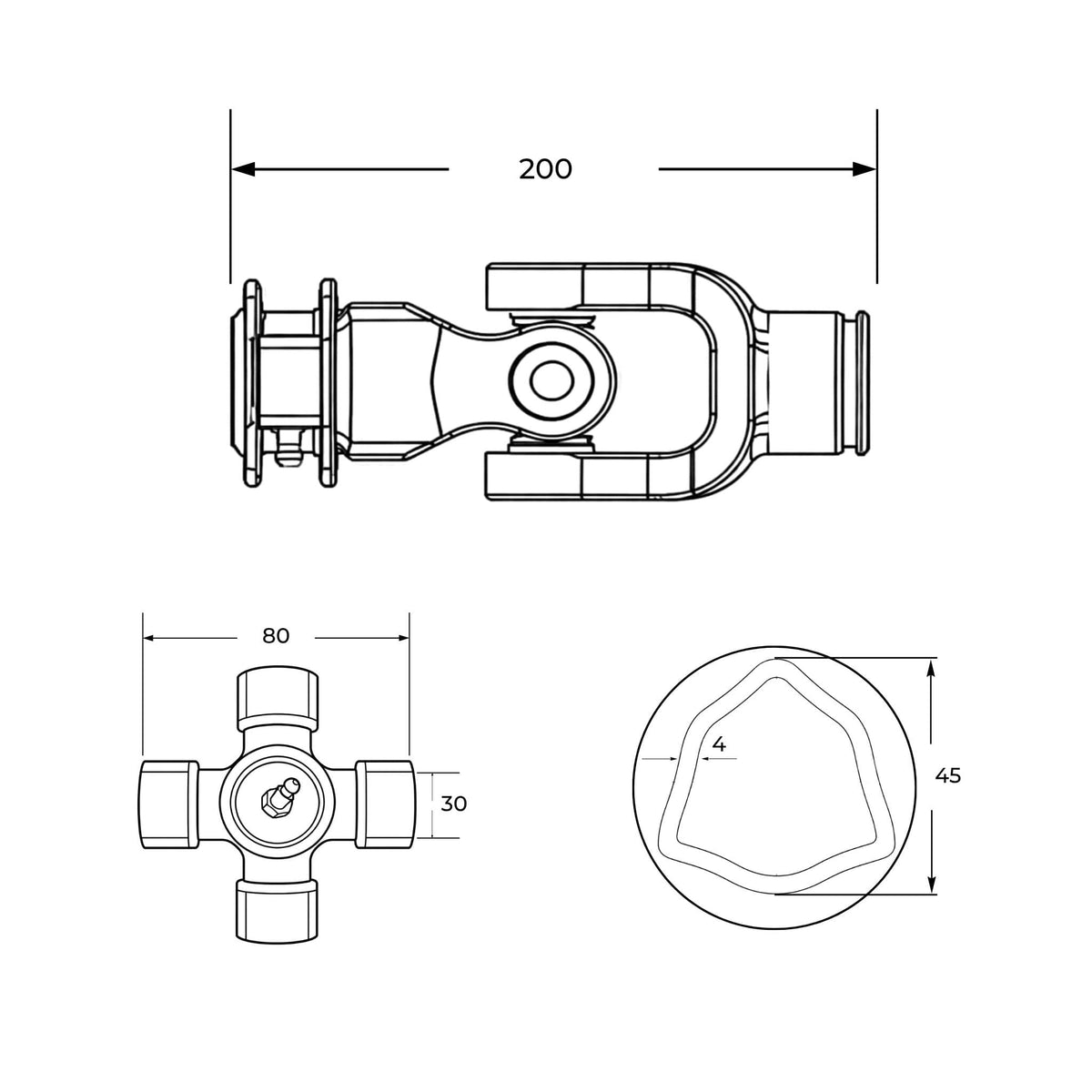 Nudo de transmisión con estriado 1" 3/8 Z6 para tubo perfil triangular de 45 x 4 mm y cruceta 30 x 80 mm.