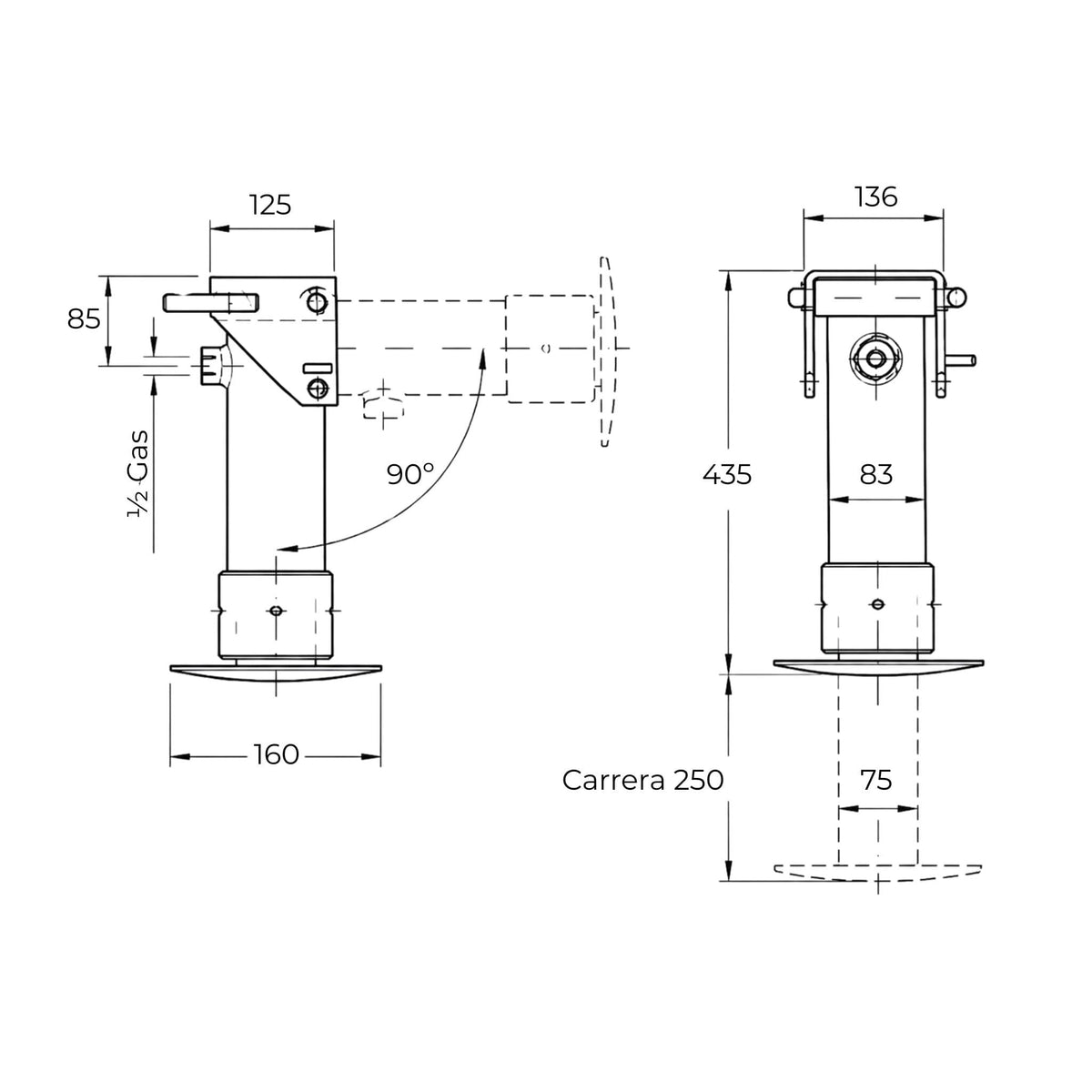 Pata de apoyo hidráulica plegable para remolque agrícola. Capacidad 4.900 kg, diámetro 75 mm y carrera 250 mm.