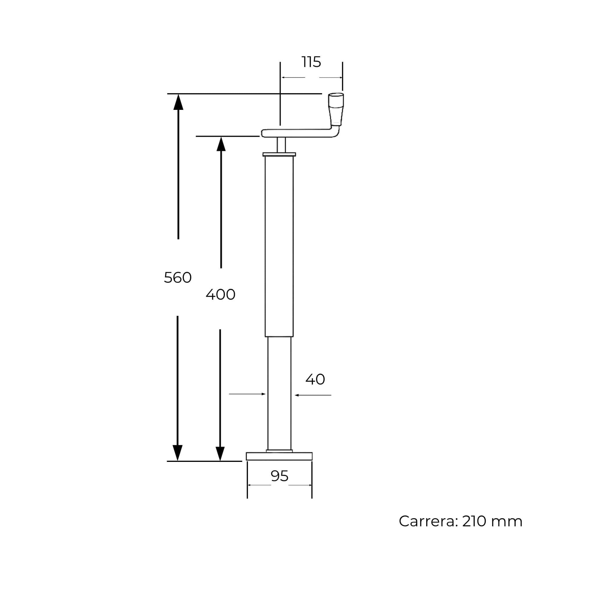Pata de apoyo SIMOL con manivela superior para remolque agrícola, con un diámetro de 40 mm y una capacidad de carga máxima de 200 kg.