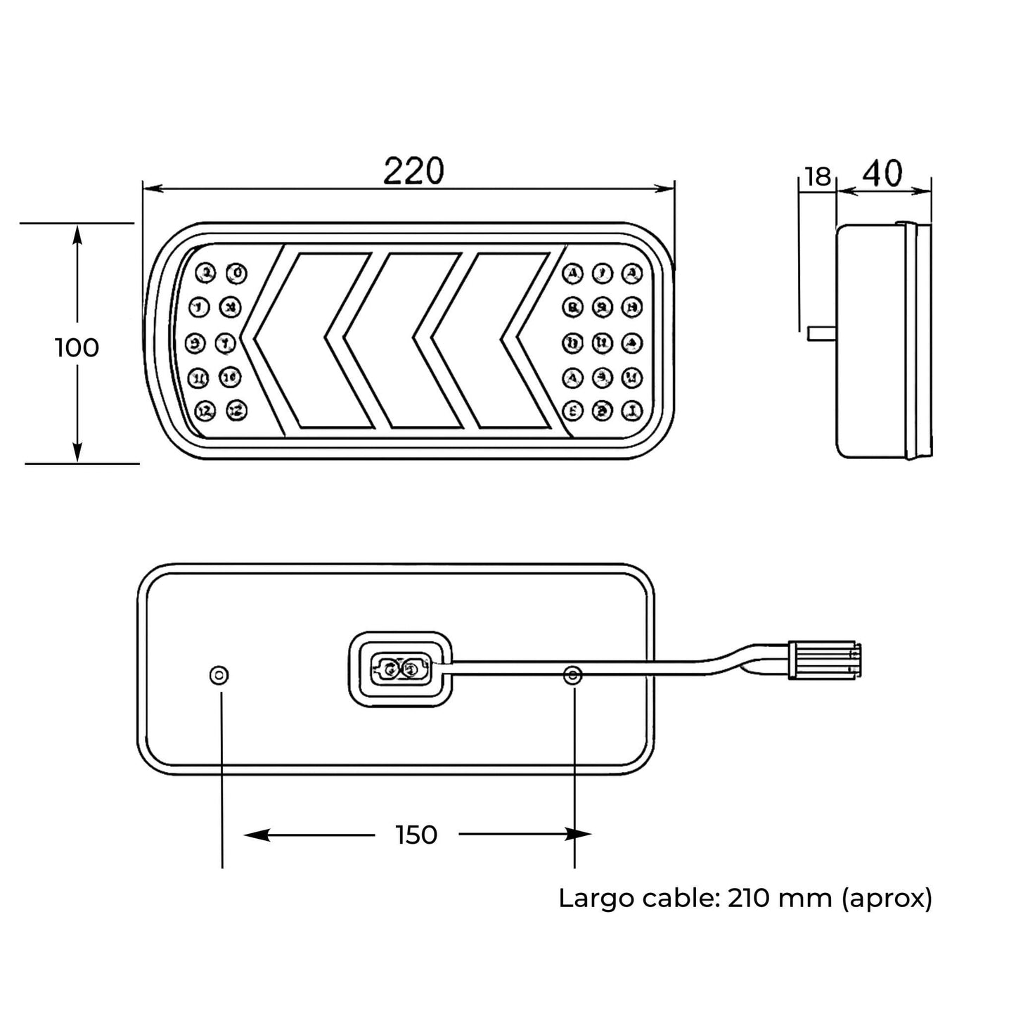 Piloto trasero derecho LED rectangular para remolque o tractor. 6 funciones, 12-24 V, IP64 y homologación E4.