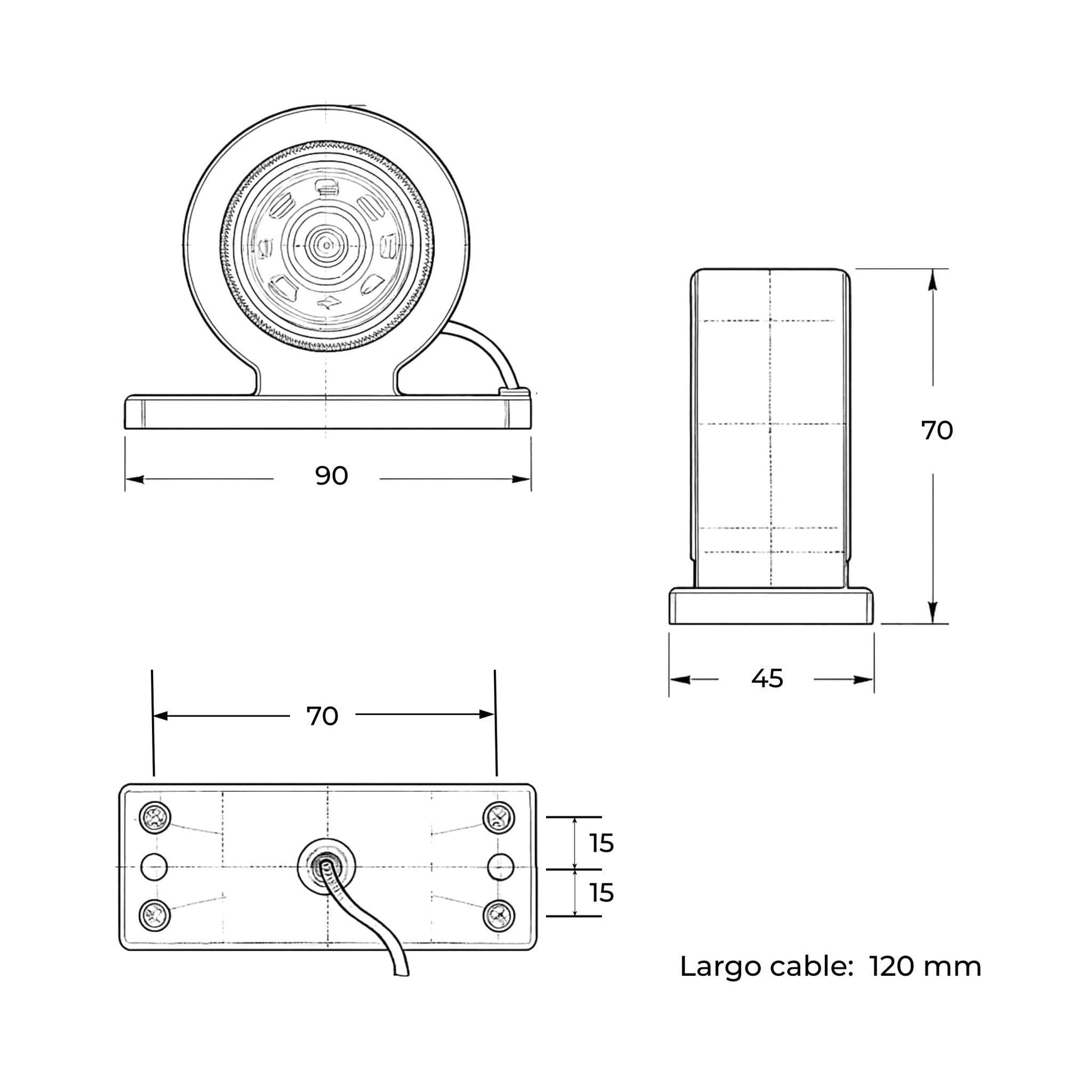 Piloto de gálibo LED de brazo corto para remolque o camión. Multivoltaje 12-24 V, protección IP67 y homologación E4.