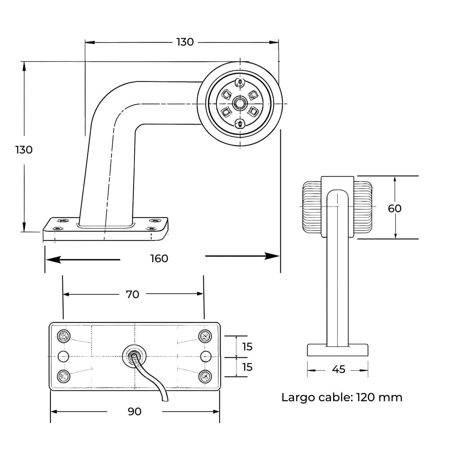 Piloto de gálibo LED izquierdo con brazo angular, voltaje de 12-24 V, certificación IP67 y homologación E4.