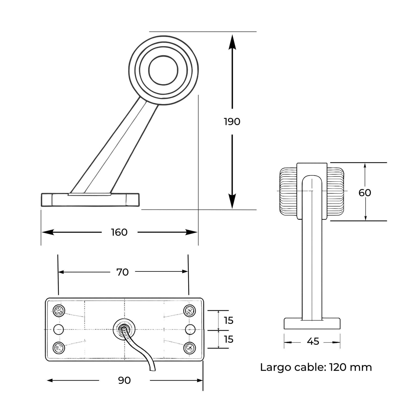 Piloto de gálibo LED izquierdo con brazo recto, voltaje de 12-24 V, certificación IP67 y homologación E4.