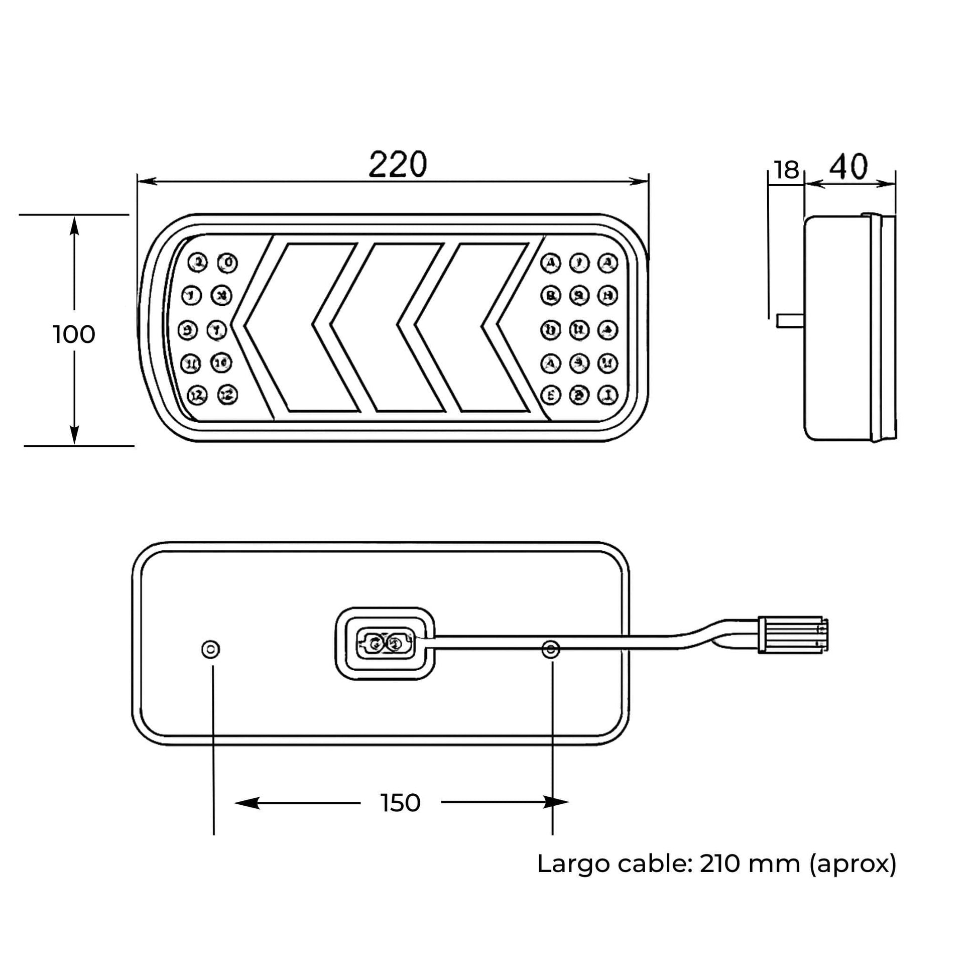 Piloto trasero izquierdo LED rectangular para remolque o tractor. 6 funciones, 12-24 V, IP64 y homologación E4.